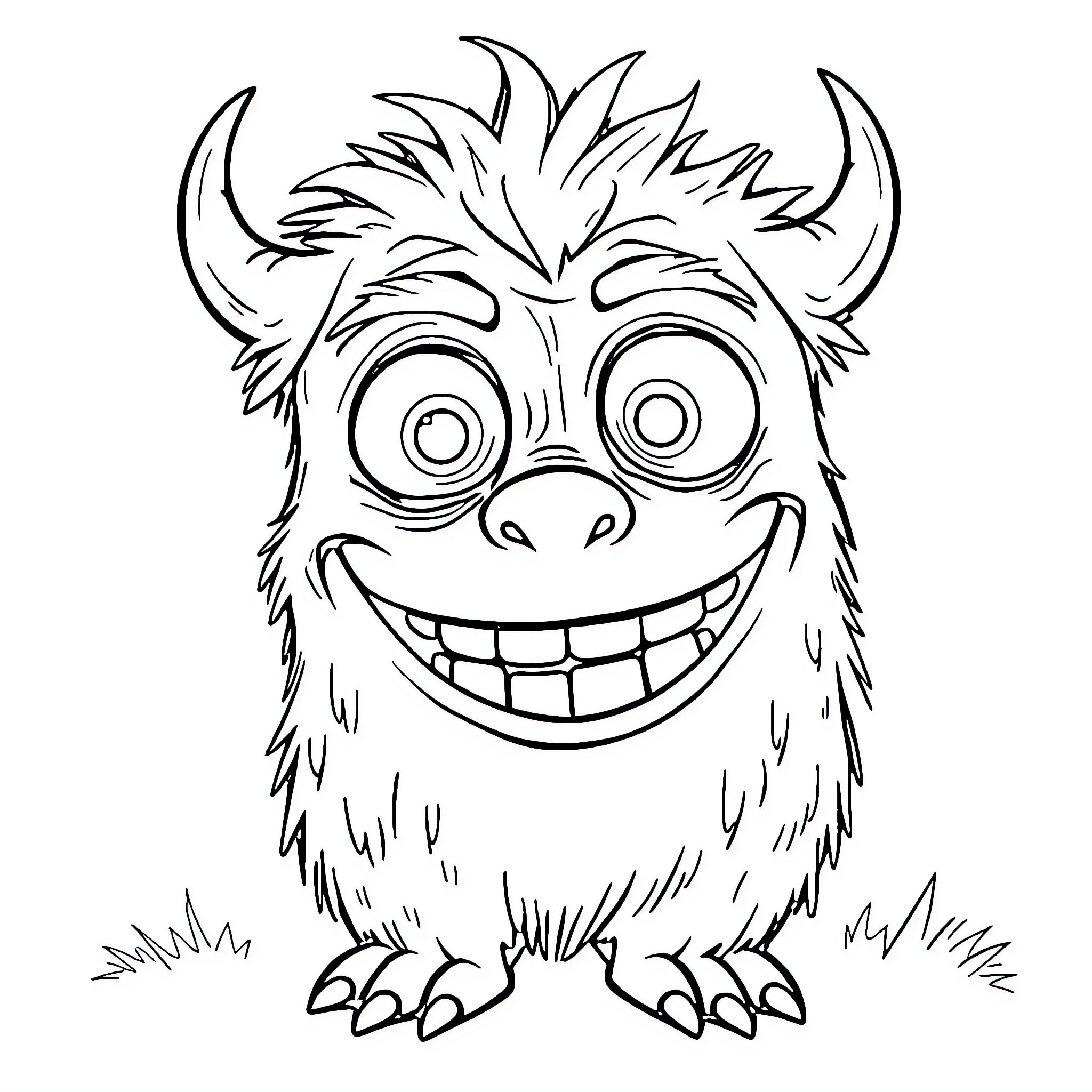 Monster with Mischievous Grin and Hairy Body Coloring Page (free black-and-white line drawing printable PDF for all, from beginners to advanced learners, including children, teens, adults, and seniors)