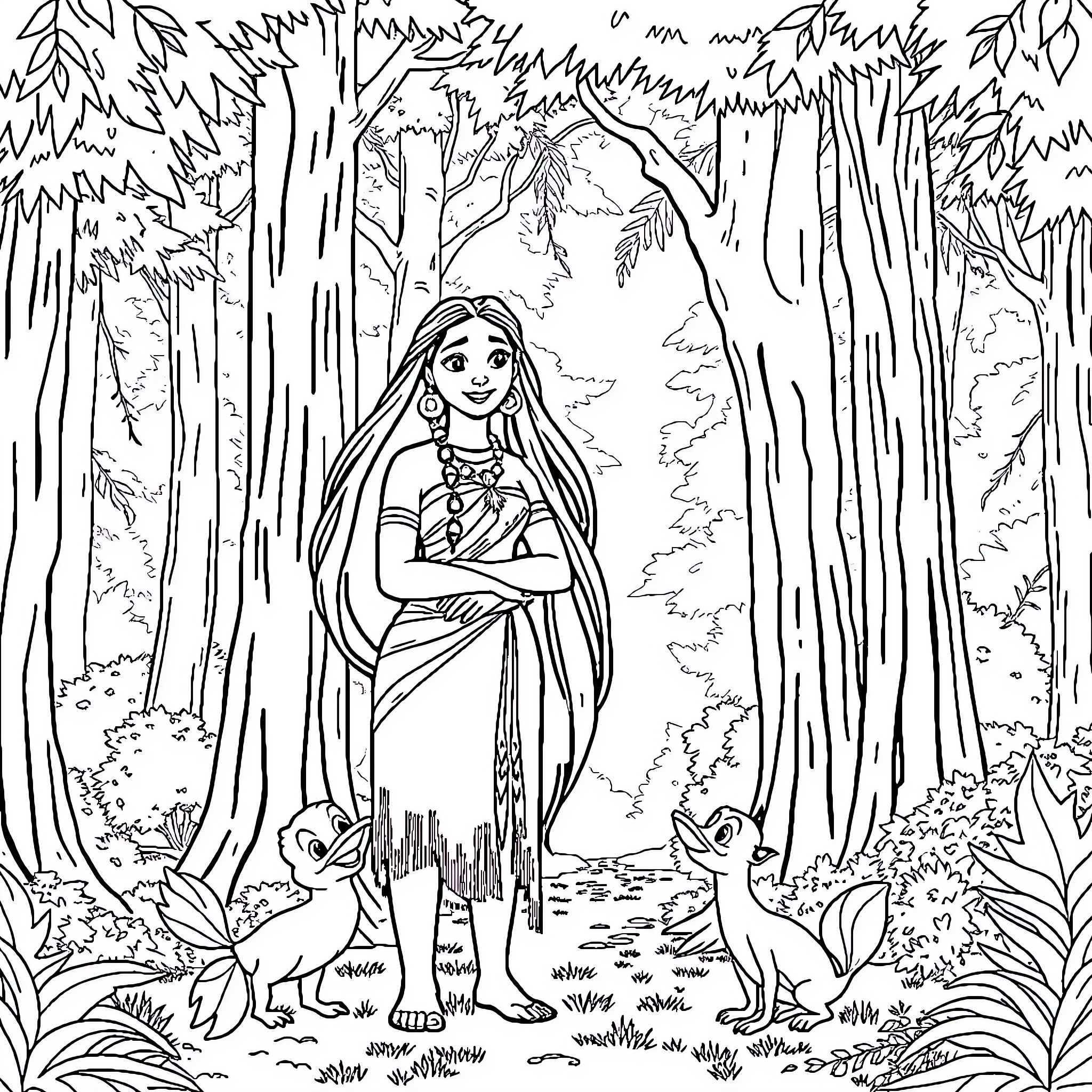 Pocahontas explores the enchanting forest with animal friends Coloring Page (free black-and-white line drawing printable PDF for all, from beginners to advanced learners, including children, teens, adults, and seniors)