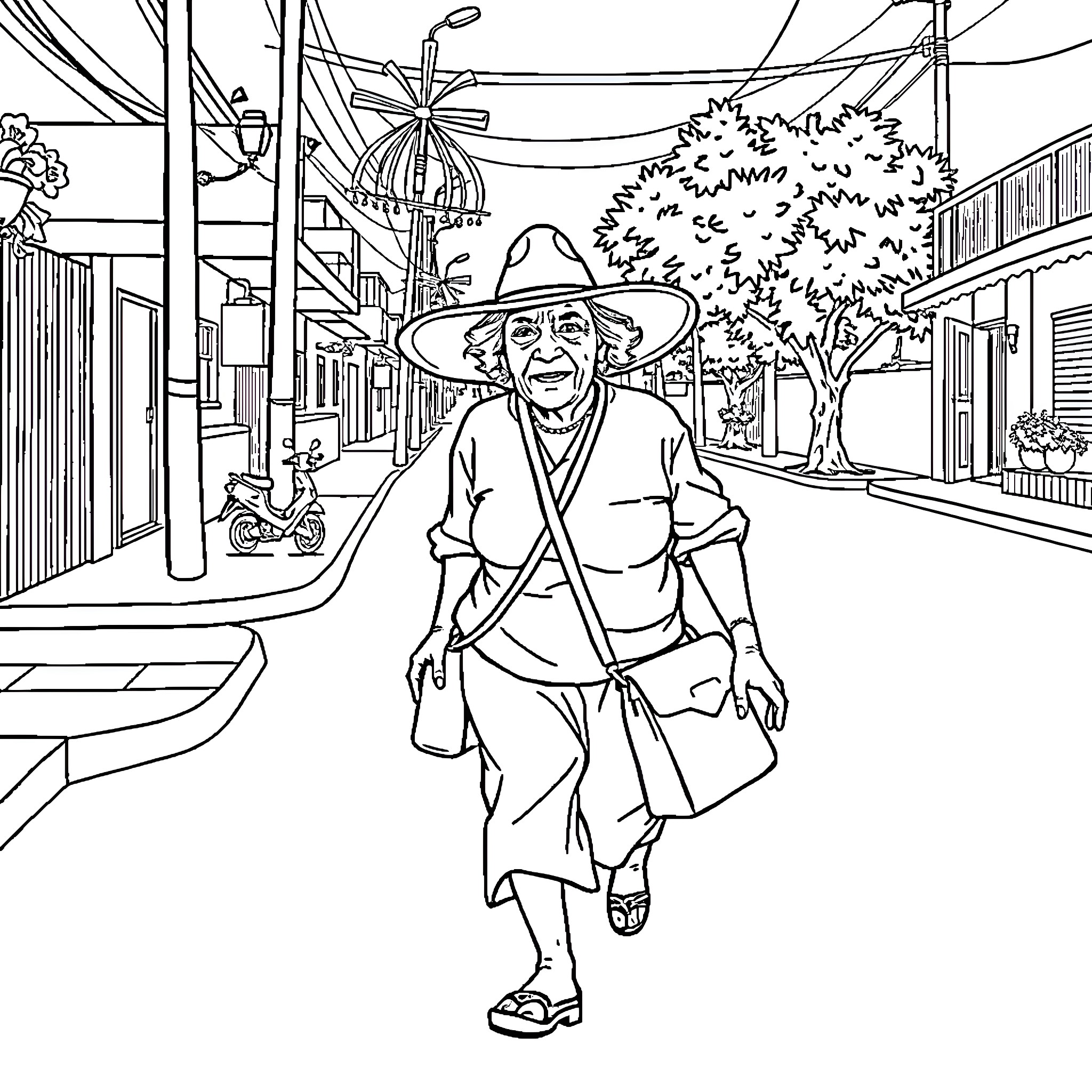 Abuela's Stroll Through the Vibrant Village Coloring Page (free black-and-white line drawing printable PDF for all, from beginners to advanced learners, including children, teens, adults, and seniors)