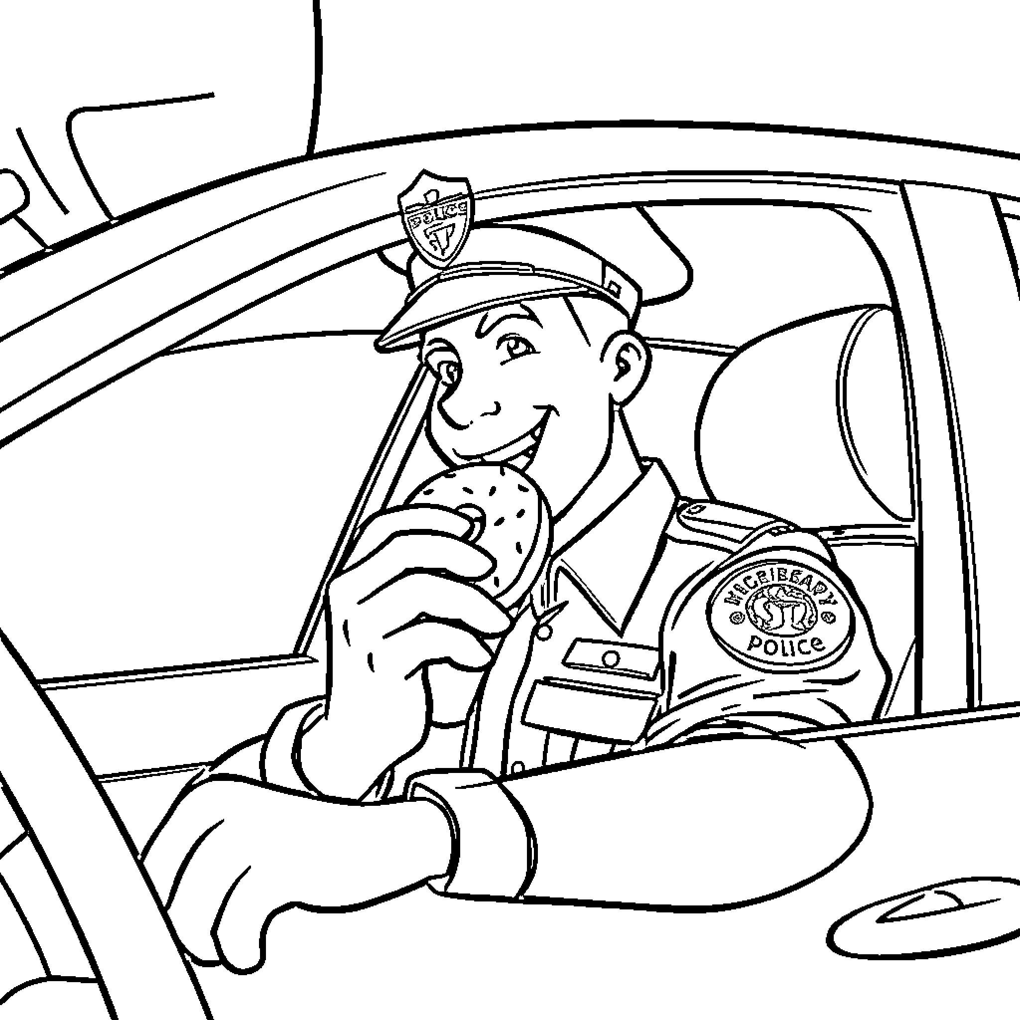 Police Officer Smiling in Patrol Vehicle Coloring Page (free black-and-white line drawing printable PDF for all, from beginners to advanced learners, including children, teens, adults, and seniors)