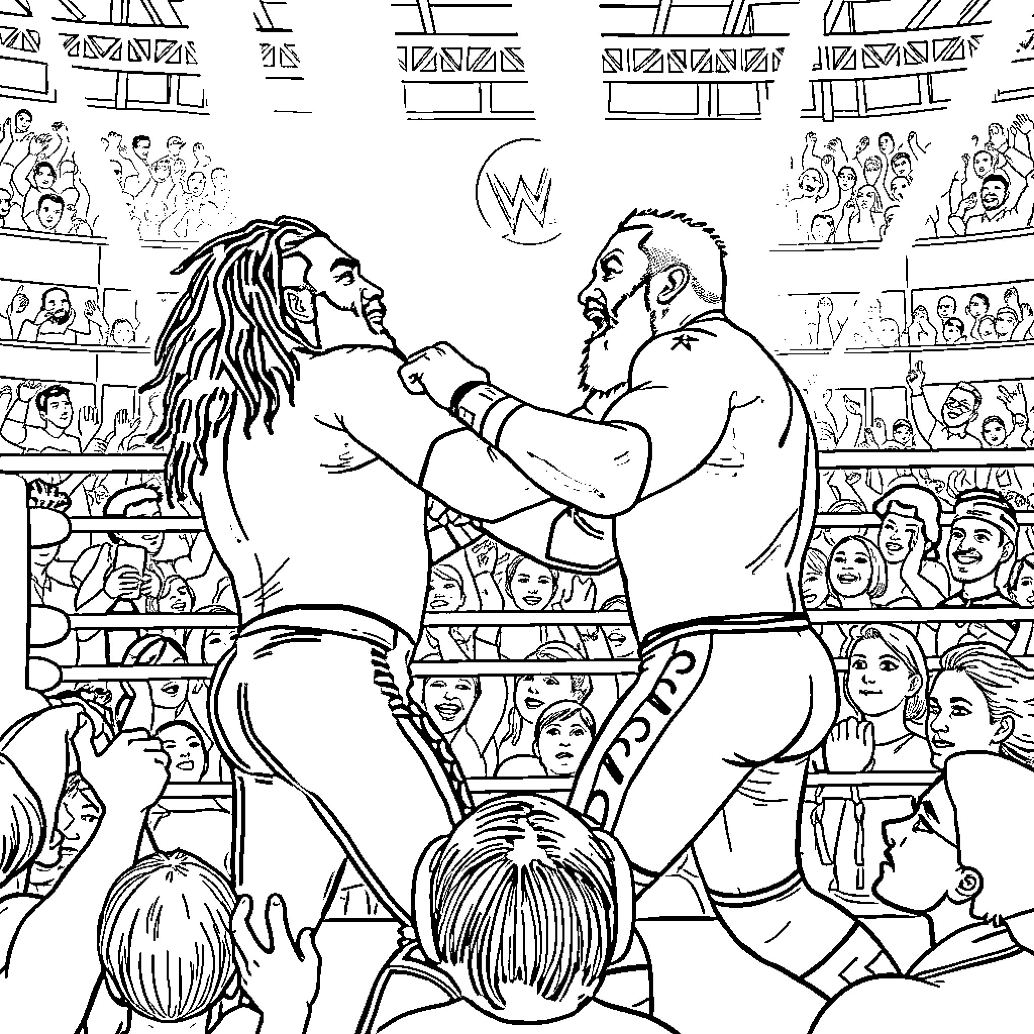 Jey Uso battling in an intense wrestling match Coloring Page (free black-and-white line drawing printable PDF for all, from beginners to advanced learners, including children, teens, adults, and seniors)