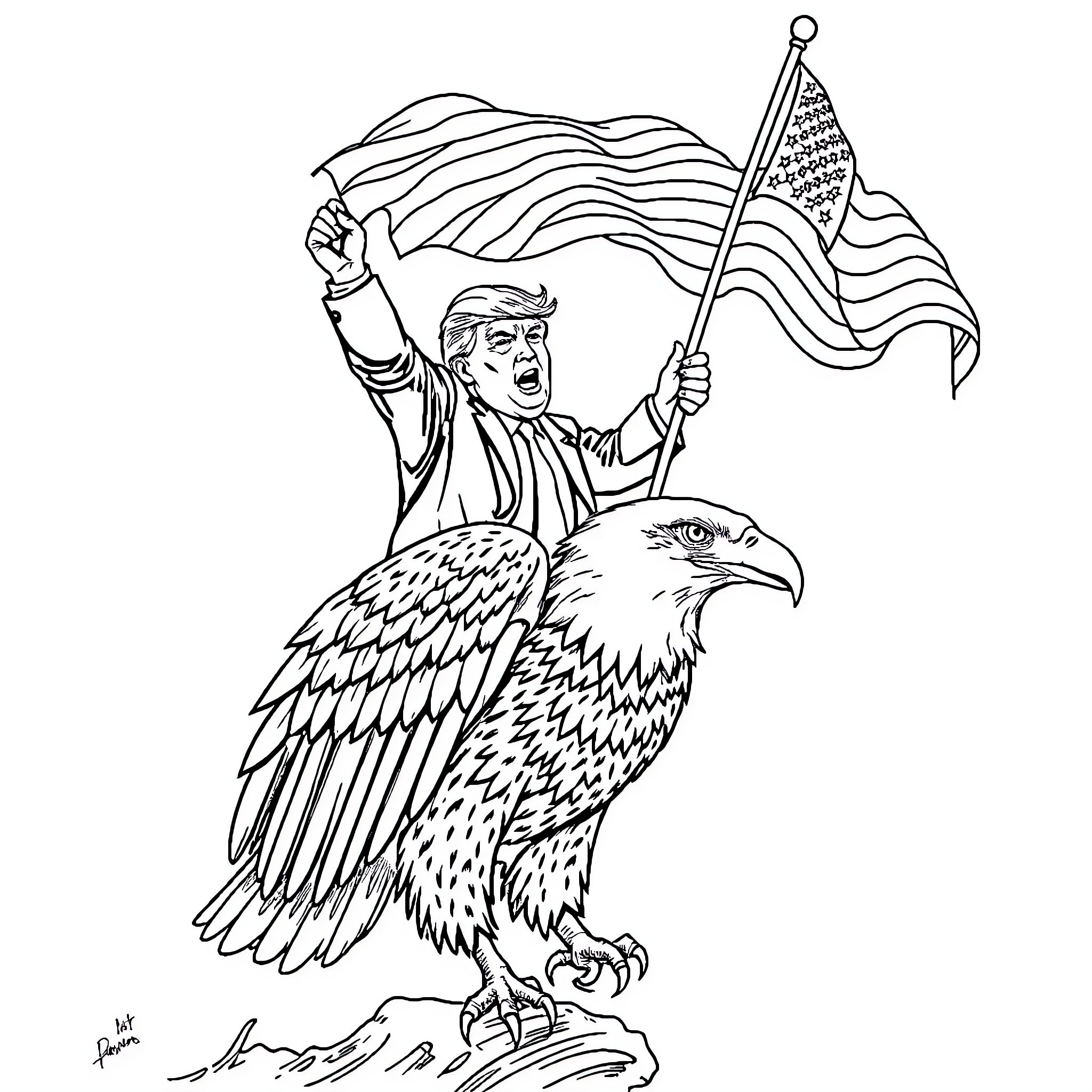 Donald Trump Waving American Flag with Eagle Coloring Page (free black-and-white line drawing printable PDF for all, from beginners to advanced learners, including children, teens, adults, and seniors)