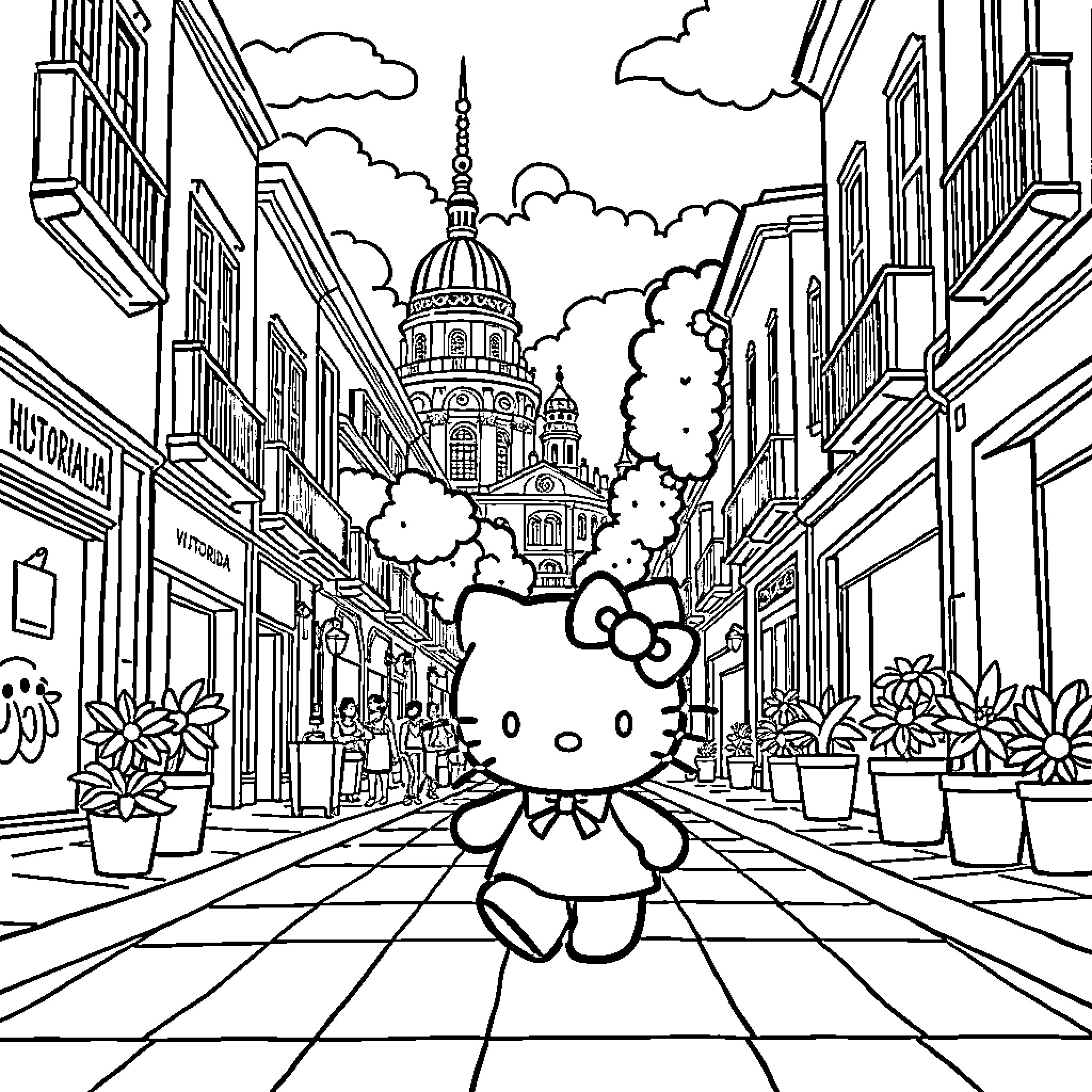 Hello Kitty explores a bustling city street Coloring Page (free black-and-white line drawing printable PDF for all, from beginners to advanced learners, including children, teens, adults, and seniors)