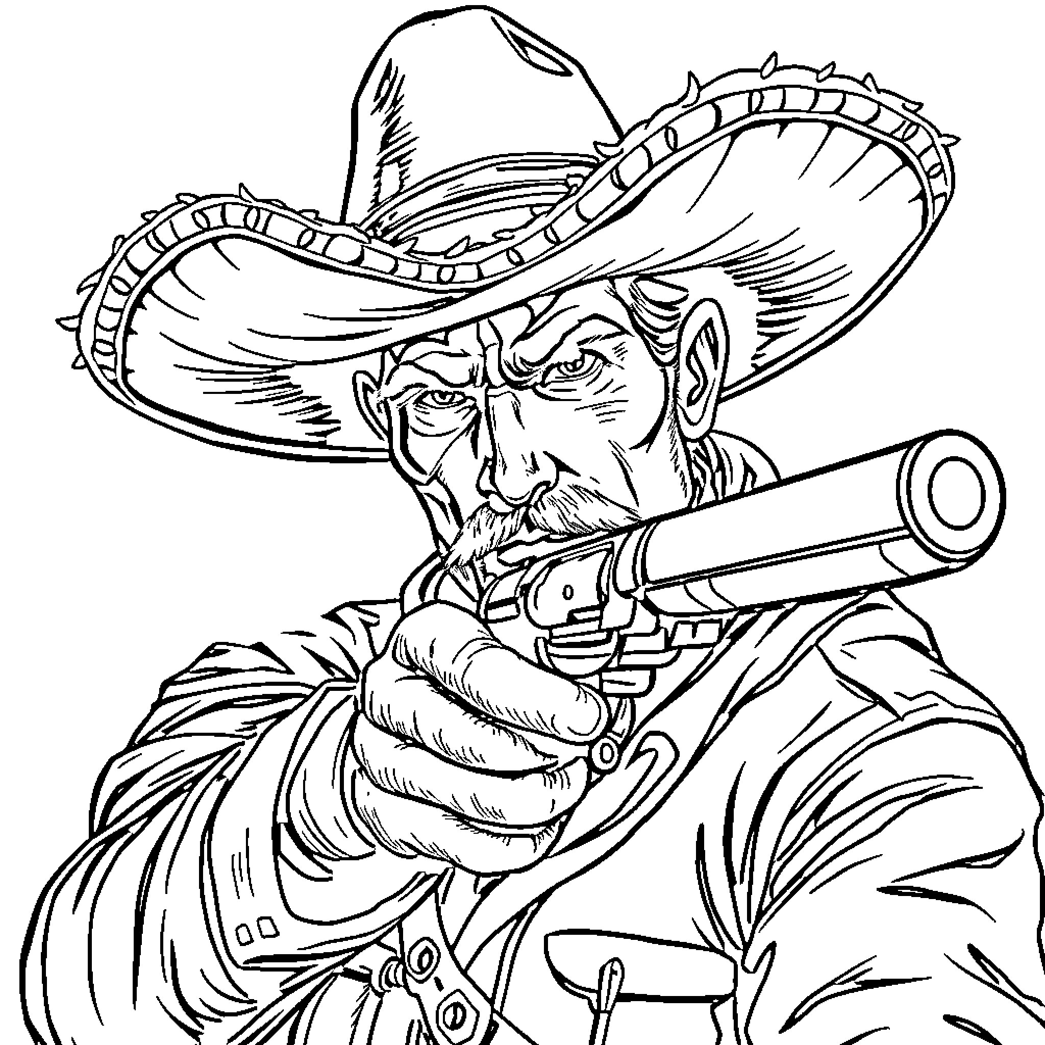 Ghost of a Fearsome Gunslinger in the Wild West Coloring Page (free black-and-white line drawing printable PDF for all, from beginners to advanced learners, including children, teens, adults, and seniors)