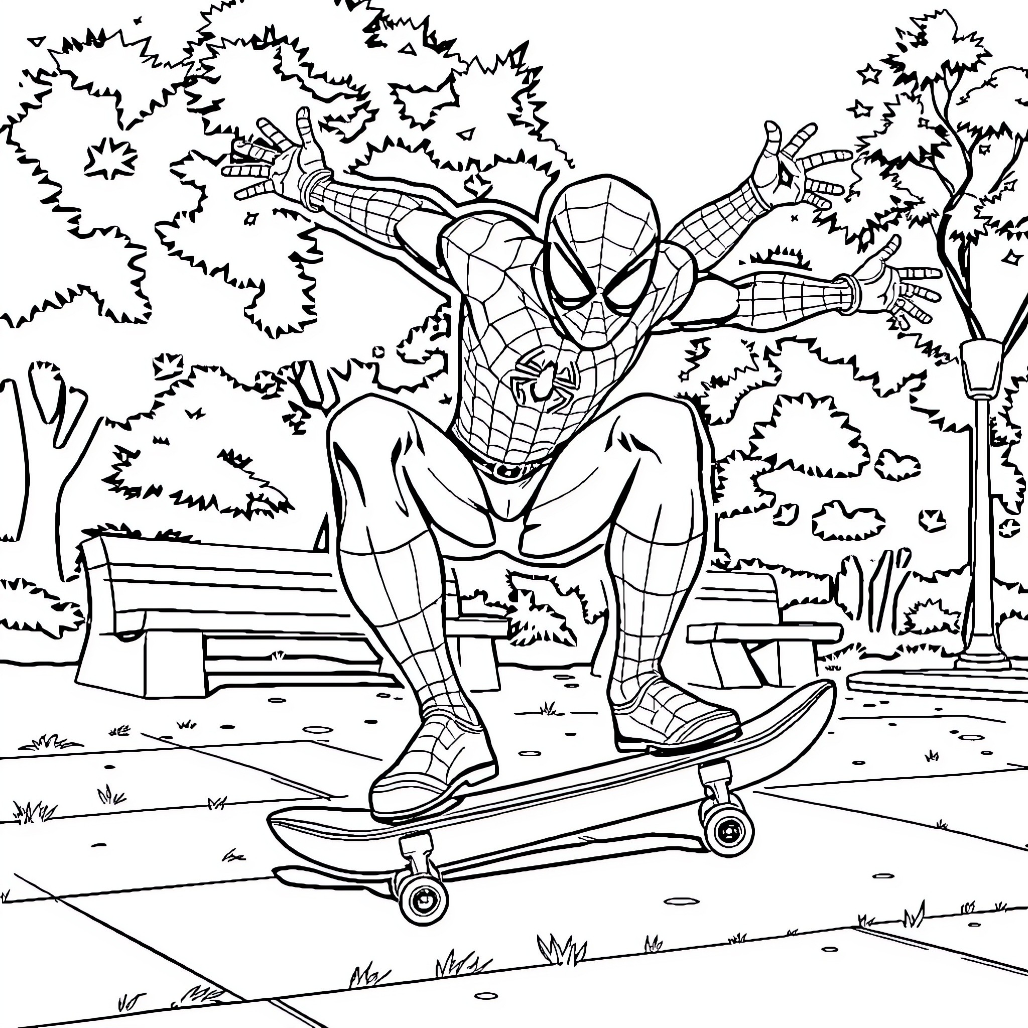 Spiderman skateboarding through the park Coloring Page (free black-and-white line drawing printable PDF for all, from beginners to advanced learners, including children, teens, adults, and seniors)