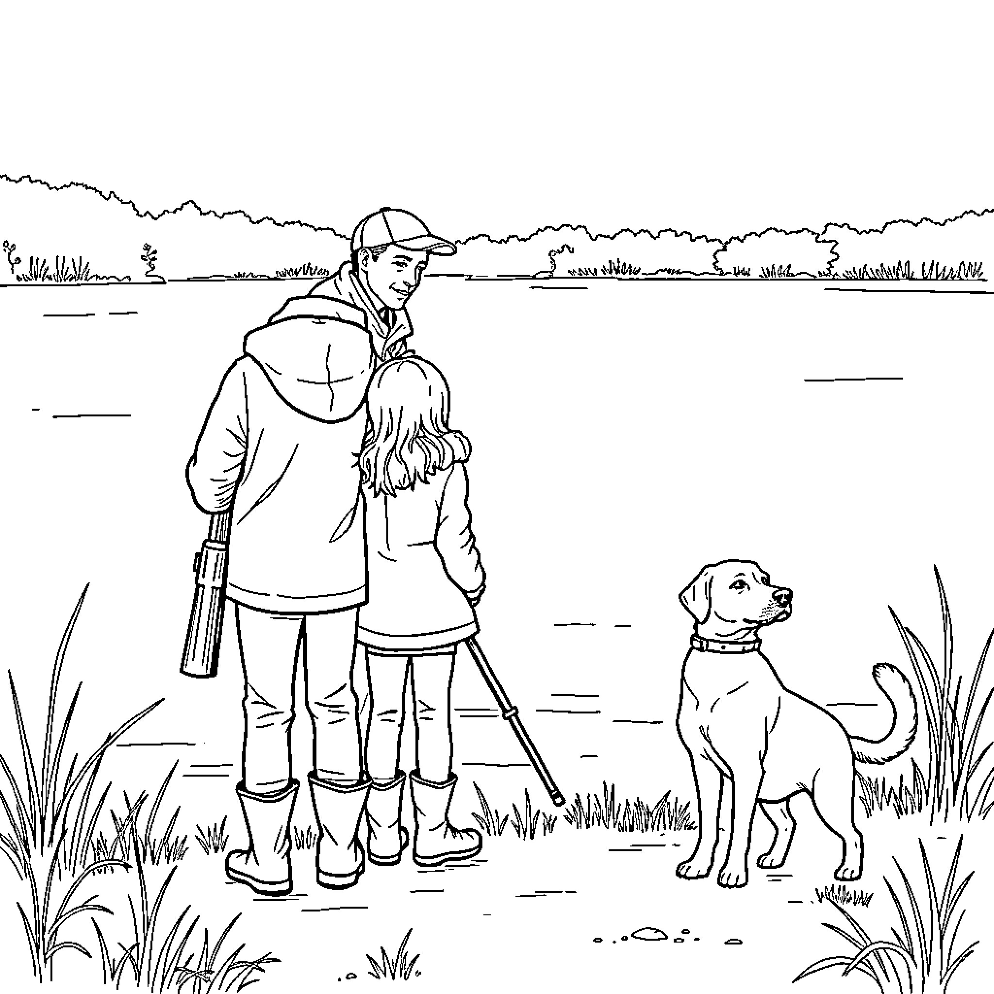 Duck Hunting Companions Enjoy Scenic Waterfront Coloring Page (free black-and-white line drawing printable PDF for all, from beginners to advanced learners, including children, teens, adults, and seniors)