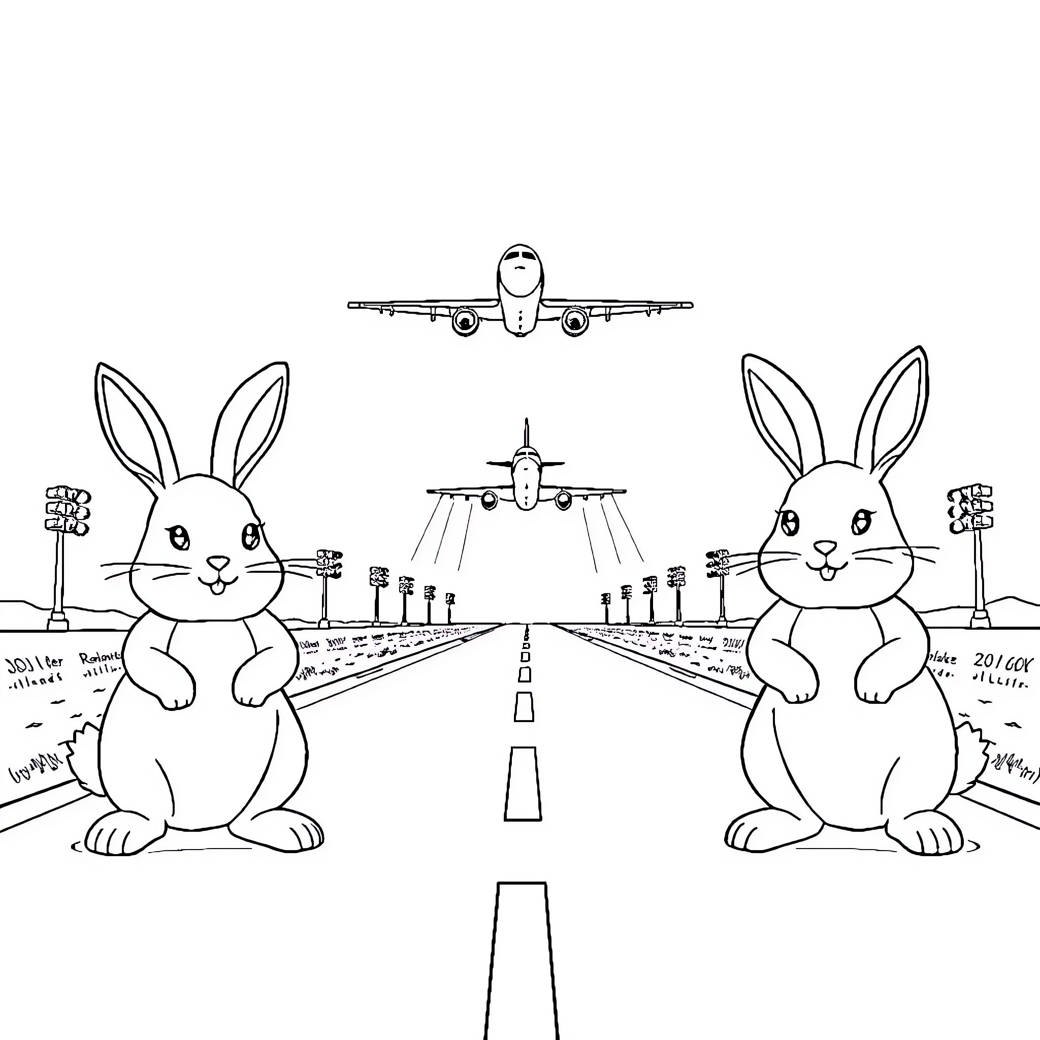 Bunnies watching airplanes at the runway Coloring Page (free black-and-white line drawing printable PDF for all, from beginners to advanced learners, including children, teens, adults, and seniors)