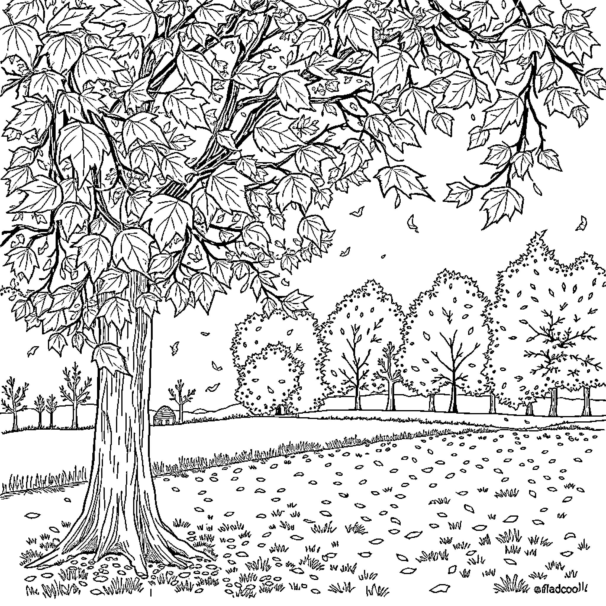 Leaf-covered tree in autumn landscape Coloring Page (free black-and-white line drawing printable PDF for all, from beginners to advanced learners, including children, teens, adults, and seniors)