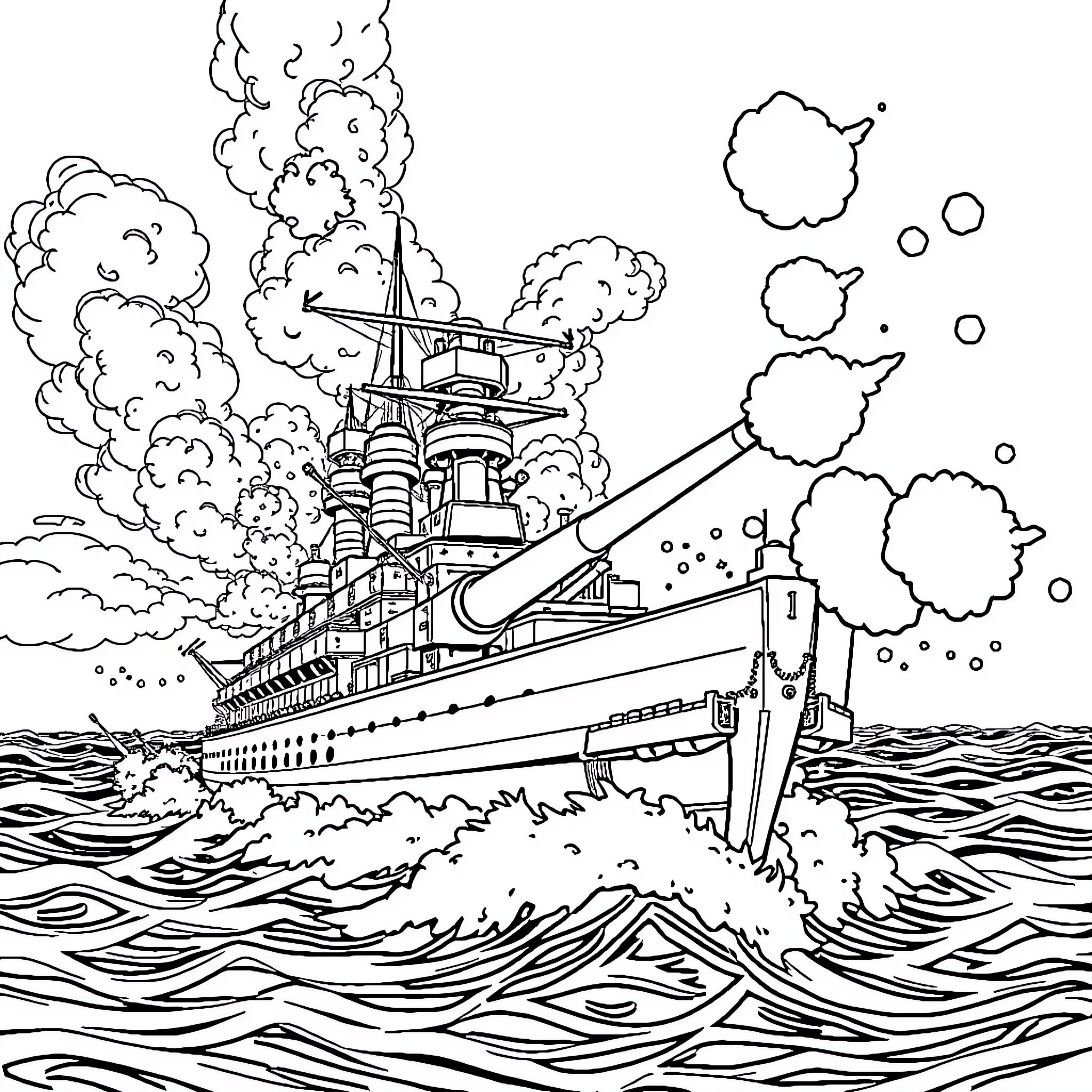 Yamato Battleship in Stormy Seas Coloring Page (free black-and-white line drawing printable PDF for all, from beginners to advanced learners, including children, teens, adults, and seniors)