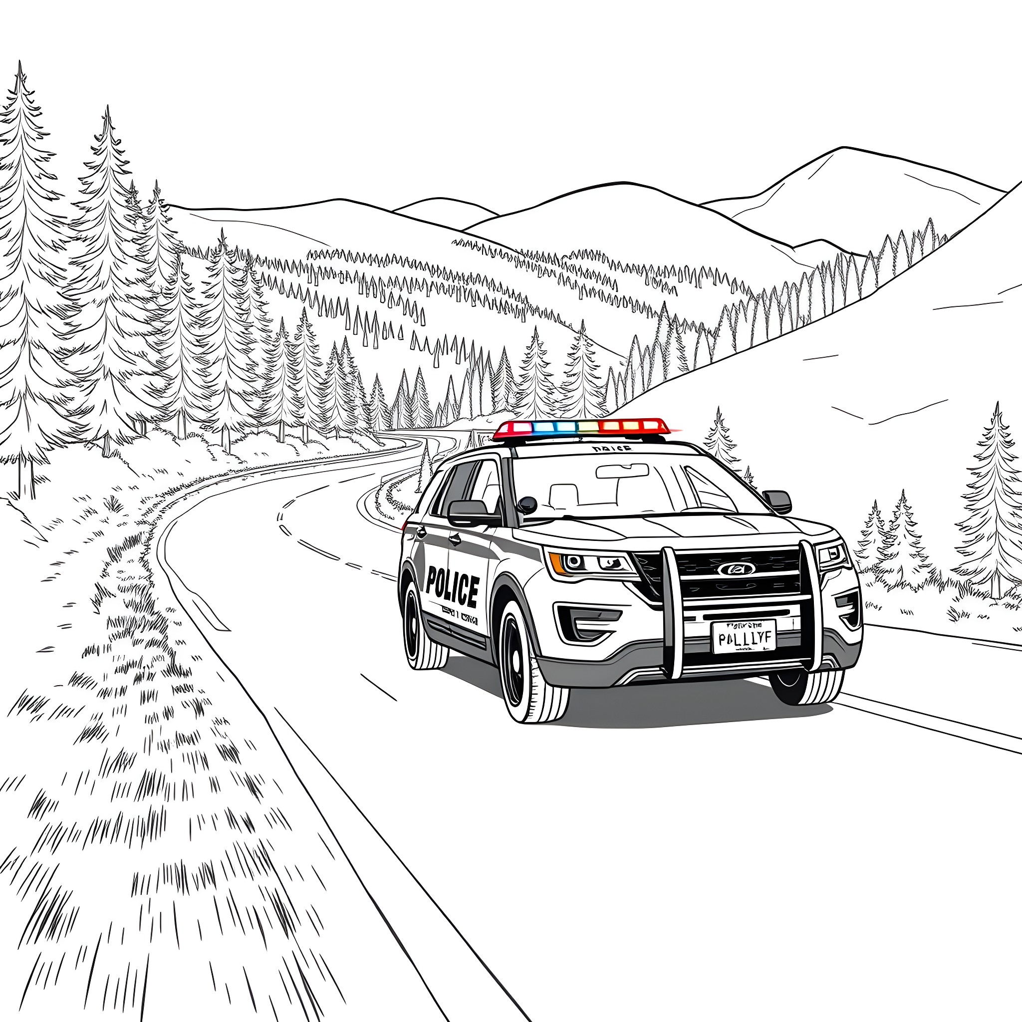 Police Vehicle Patrolling Scenic Mountain Road Coloring Page (free black-and-white line drawing printable PDF for all, from beginners to advanced learners, including children, teens, adults, and seniors)