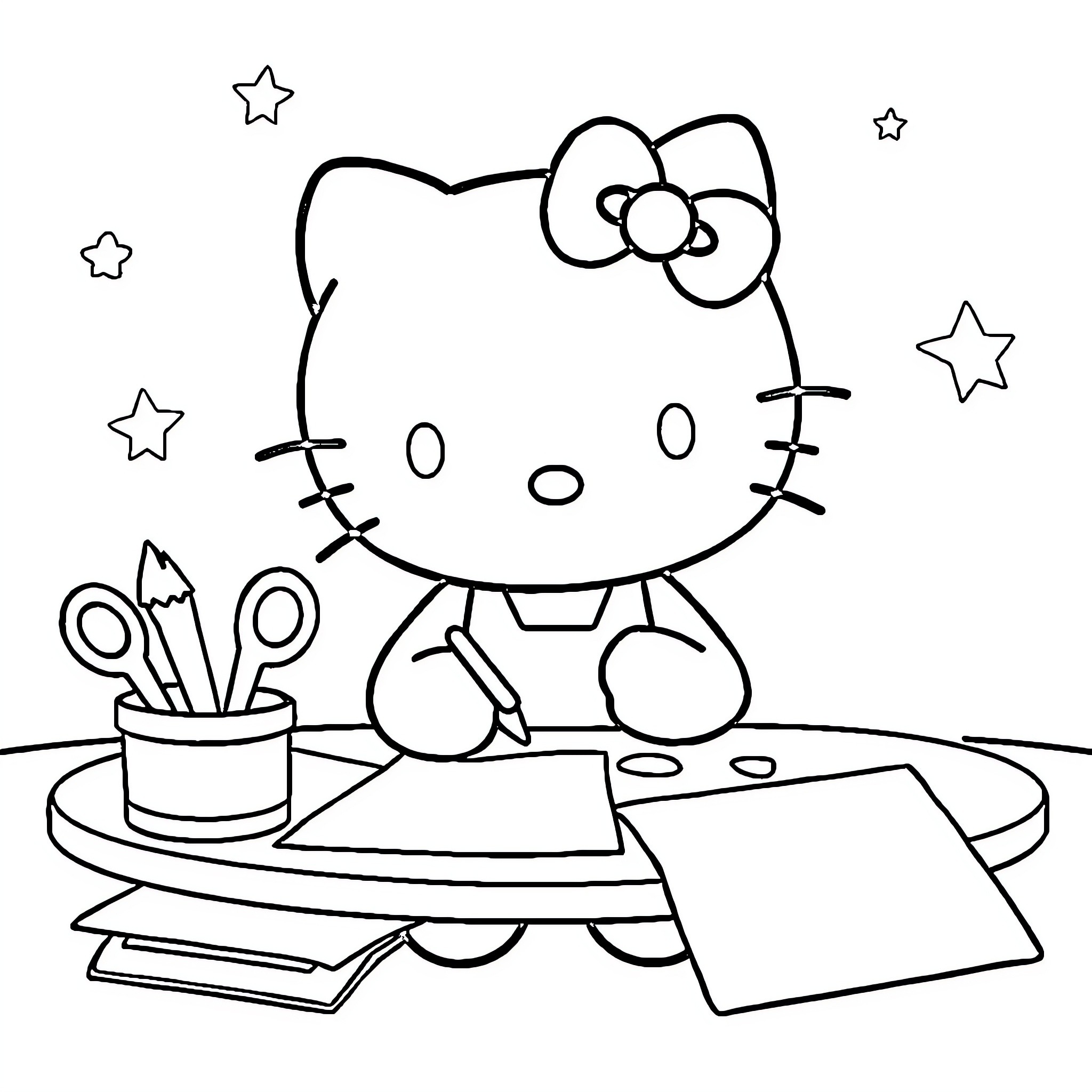 Hello Kitty working on a desk with school supplies Coloring Page (free black-and-white line drawing printable PDF for all, from beginners to advanced learners, including children, teens, adults, and seniors)