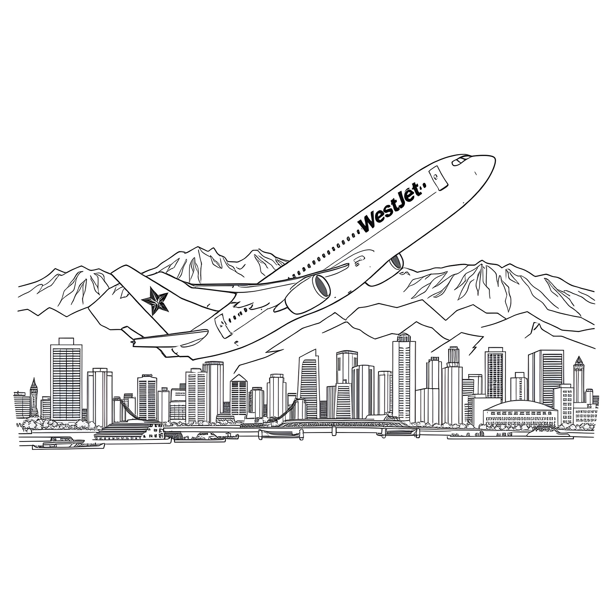 737 airliner flying over city skyline and mountains Coloring Page (free black-and-white line drawing printable PDF for all, from beginners to advanced learners, including children, teens, adults, and seniors)
