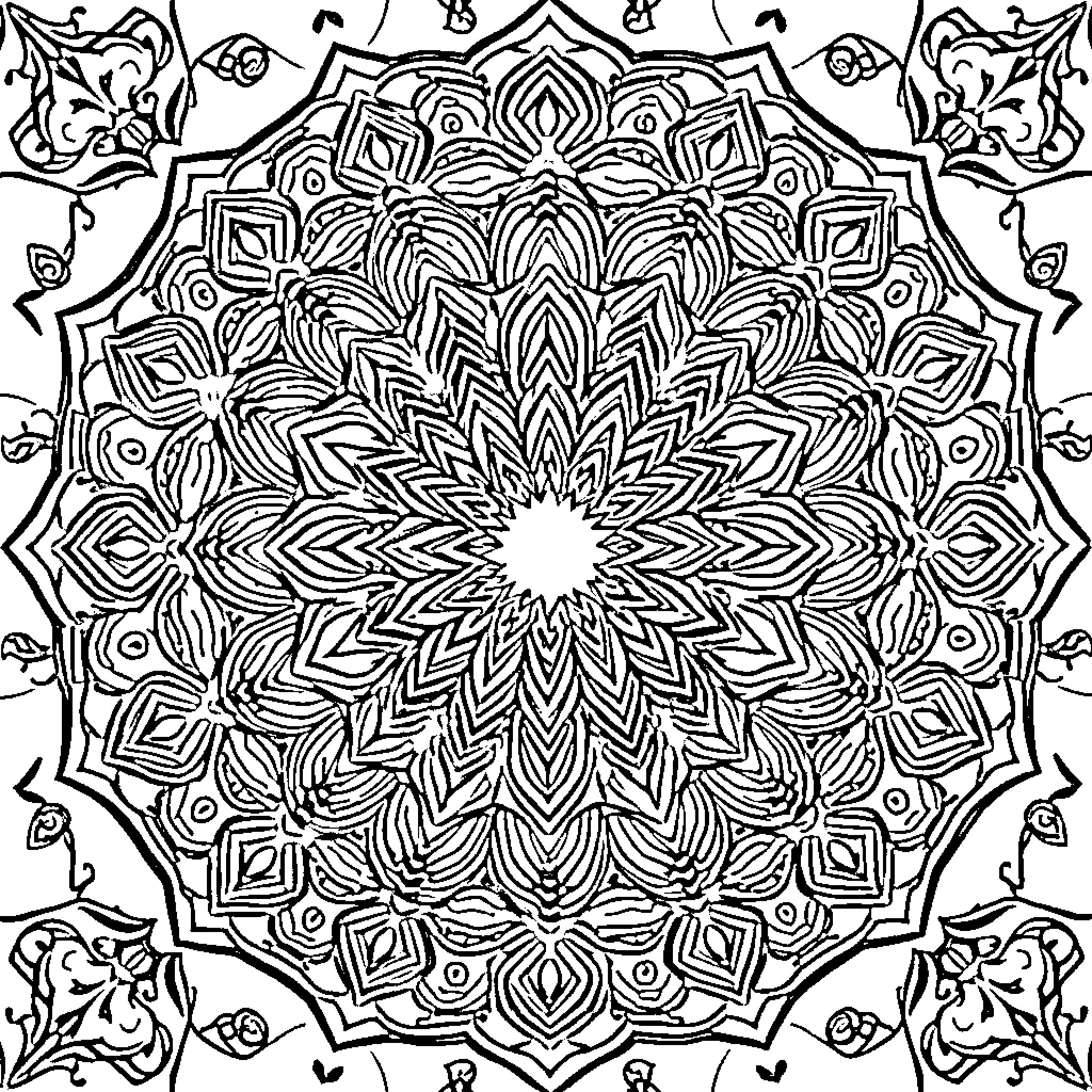 Leah's Intricate Mandala Design Coloring Page (free black-and-white line drawing printable PDF for all, from beginners to advanced learners, including children, teens, adults, and seniors)