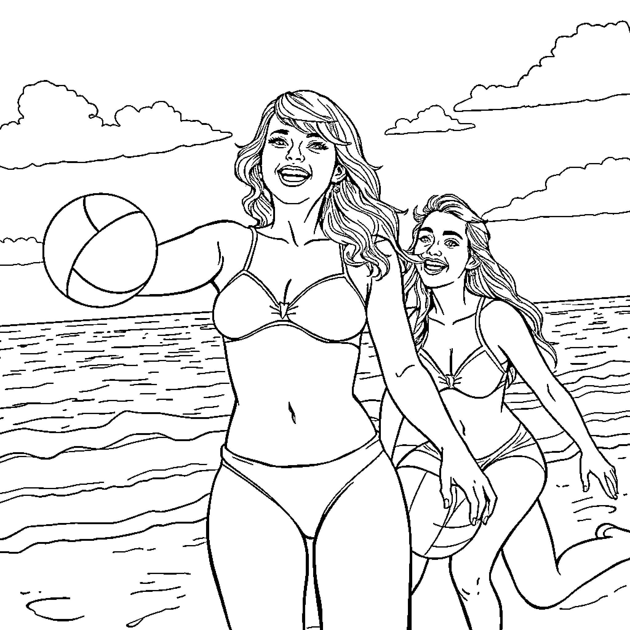 Taylor Swift and friends enjoying a day at the beach Coloring Page (free black-and-white line drawing printable PDF for all, from beginners to advanced learners, including children, teens, adults, and seniors)