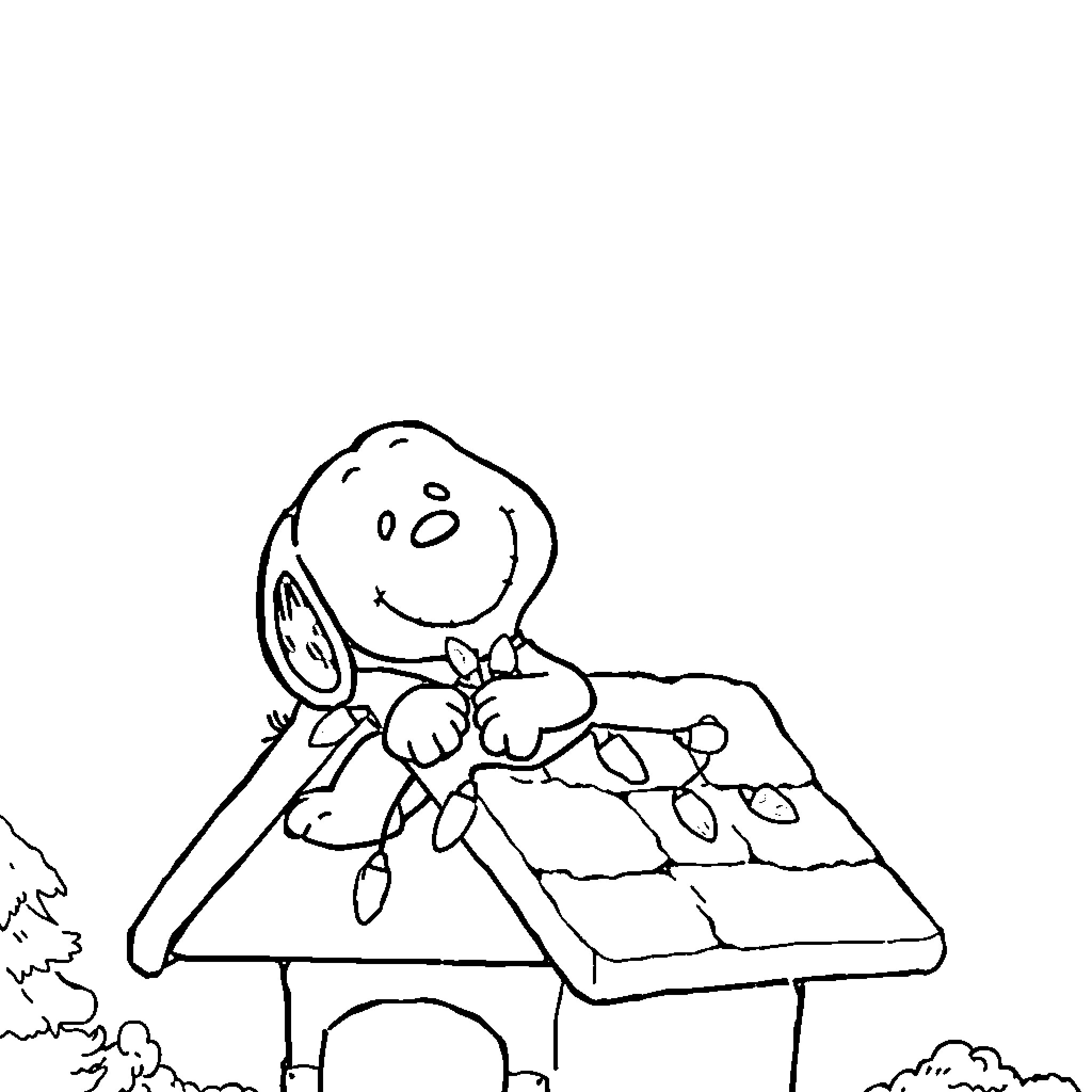 Snoopy relaxing on his doghouse Coloring Page (free black-and-white line drawing printable PDF for all, from beginners to advanced learners, including children, teens, adults, and seniors)