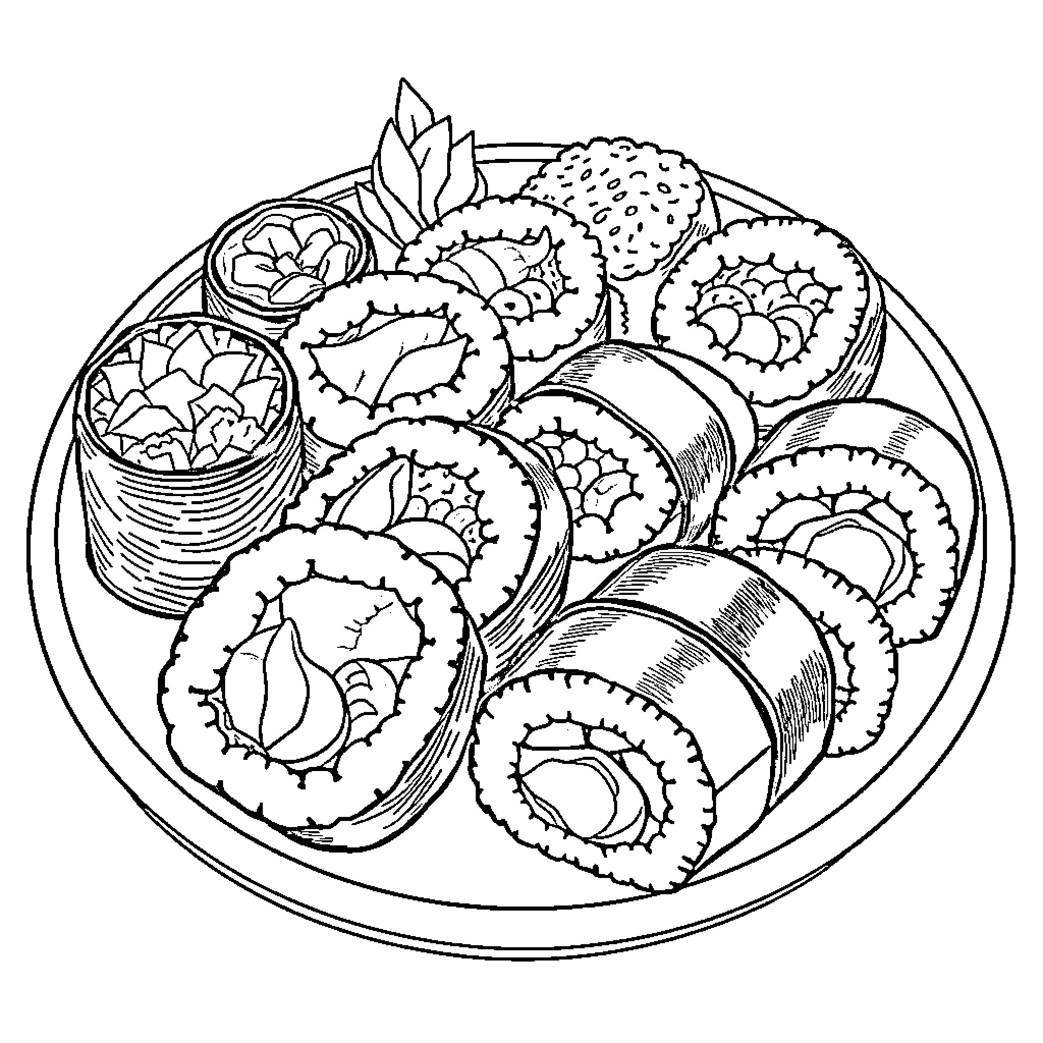 Sushi platter with various rolls and garnishes Coloring Page (free black-and-white line drawing printable PDF for all, from beginners to advanced learners, including children, teens, adults, and seniors)
