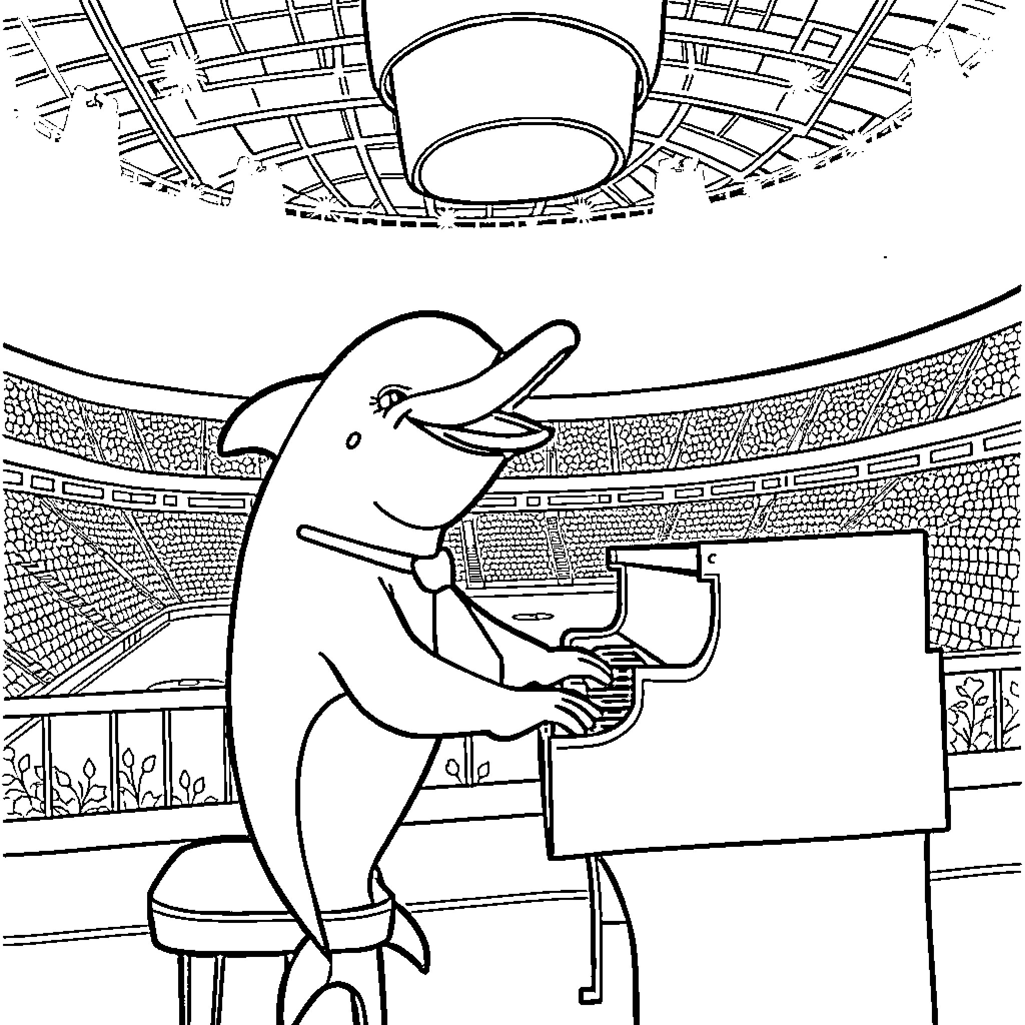 Dolphin performing on stage with musical instrument Coloring Page (free black-and-white line drawing printable PDF for all, from beginners to advanced learners, including children, teens, adults, and seniors)