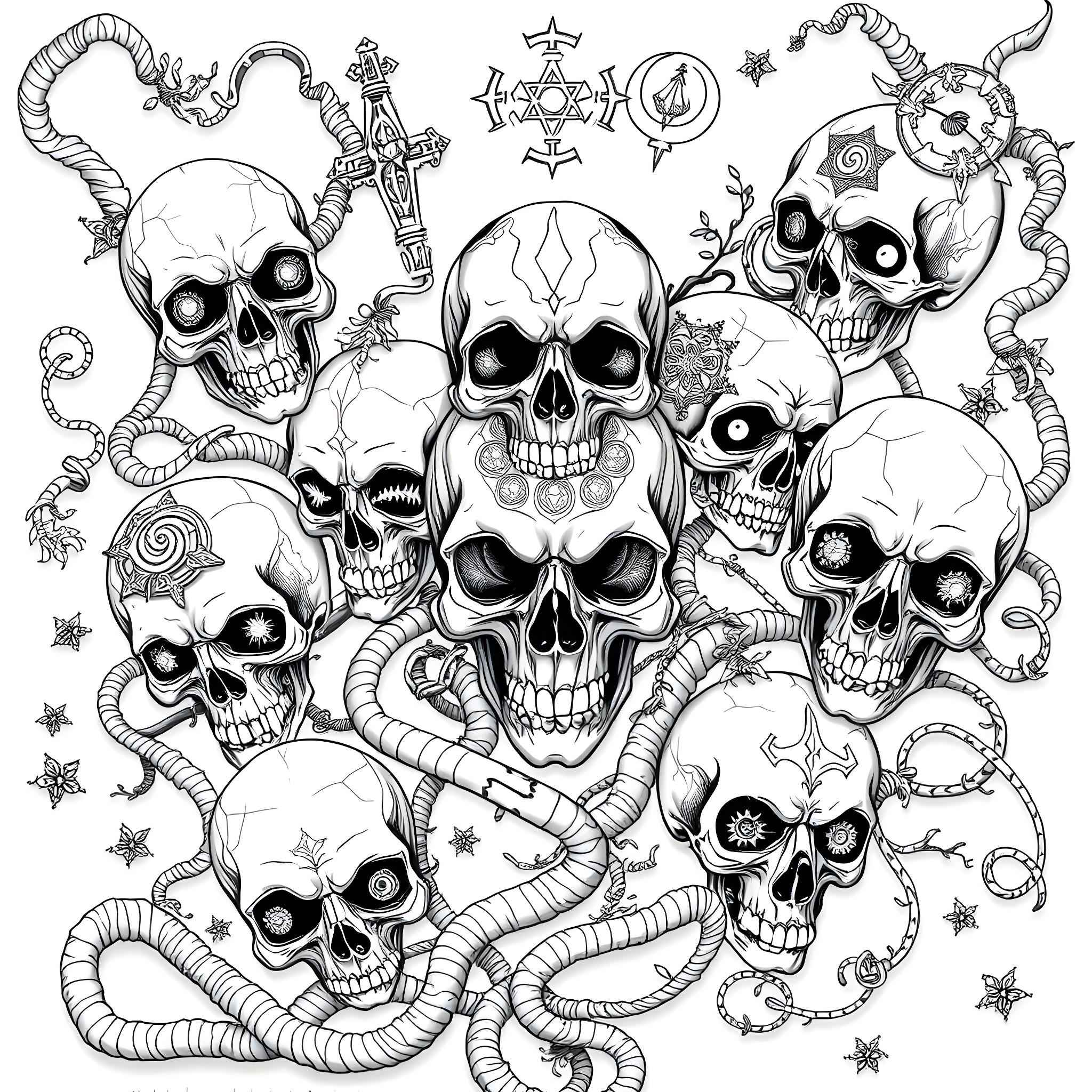 Skull Creatures in Dark Occult Imagery Coloring Page (free black-and-white line drawing printable PDF for all, from beginners to advanced learners, including children, teens, adults, and seniors)