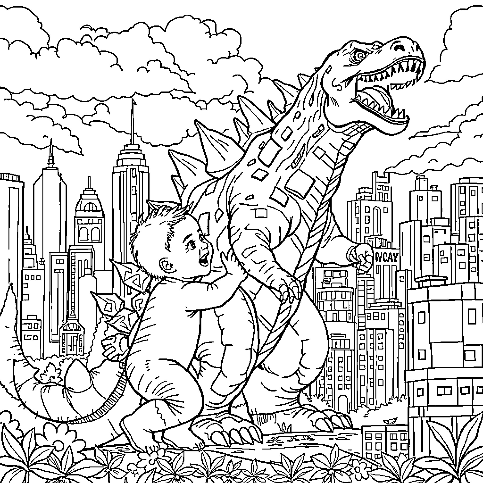 Baby playing with a giant dinosaur in the city Coloring Page (free black-and-white line drawing printable PDF for all, from beginners to advanced learners, including children, teens, adults, and seniors)
