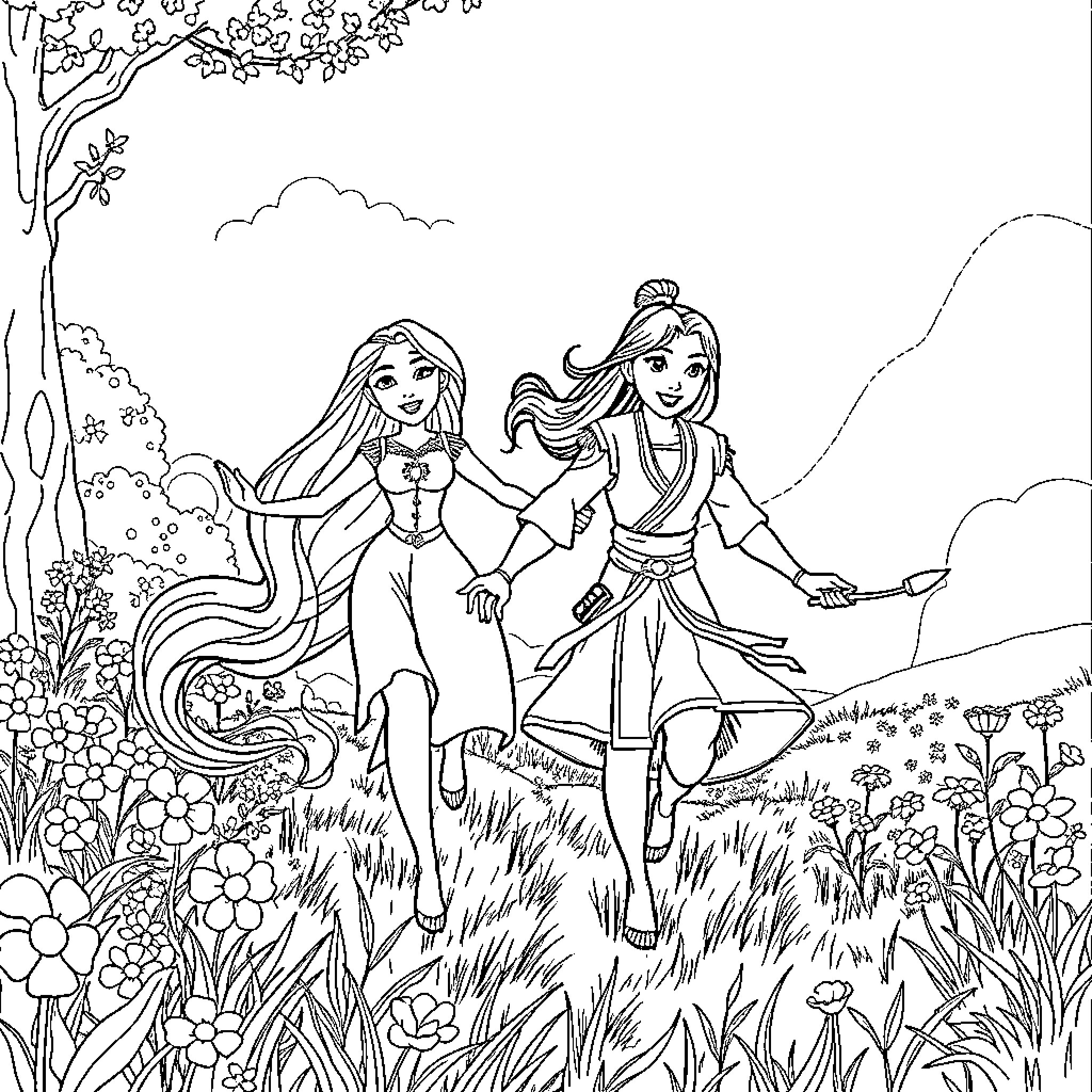 Rapunzel and friend exploring the enchanted forest Coloring Page (free black-and-white line drawing printable PDF for all, from beginners to advanced learners, including children, teens, adults, and seniors)