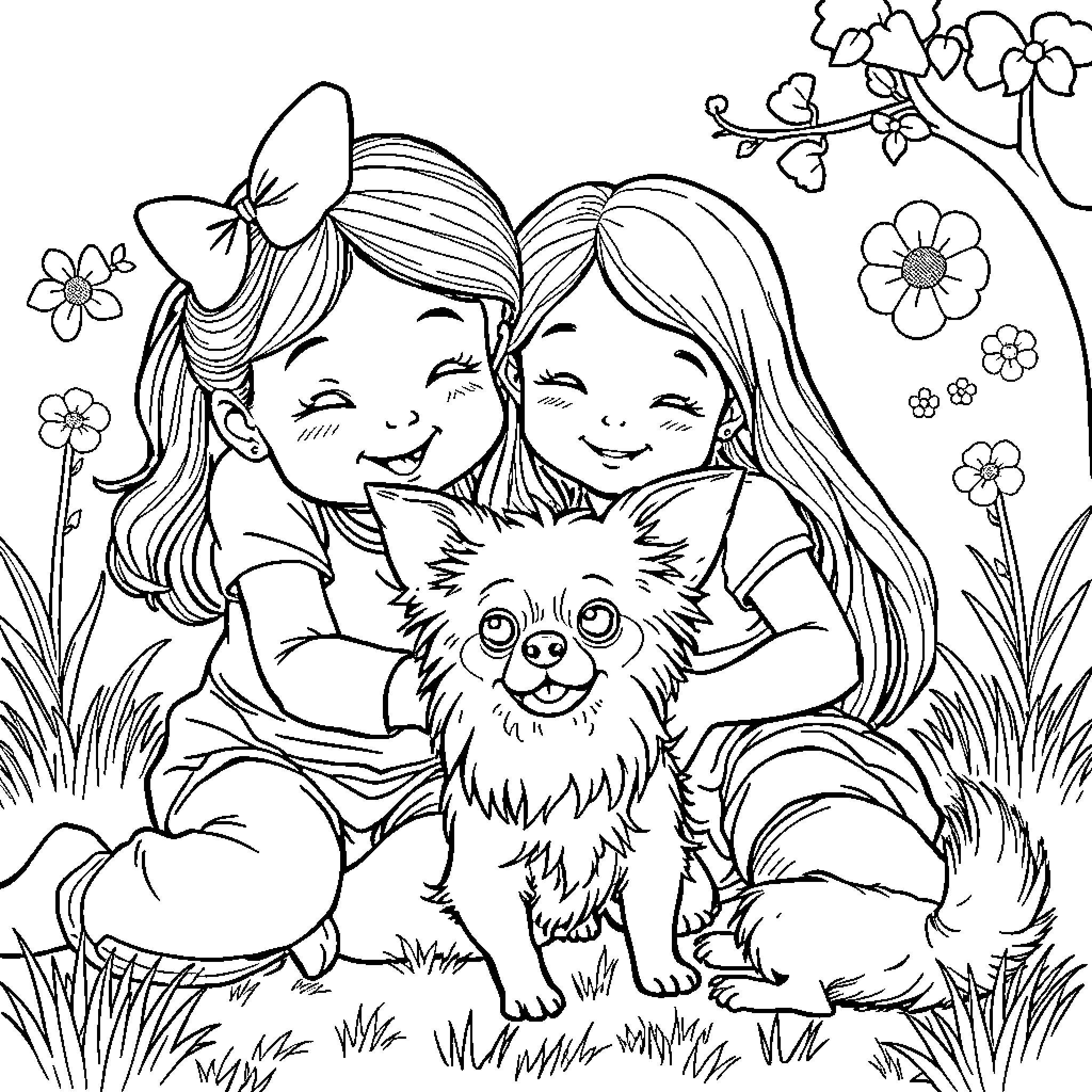 Chihuahua and girls playing happily in the garden Coloring Page (free black-and-white line drawing printable PDF for all, from beginners to advanced learners, including children, teens, adults, and seniors)
