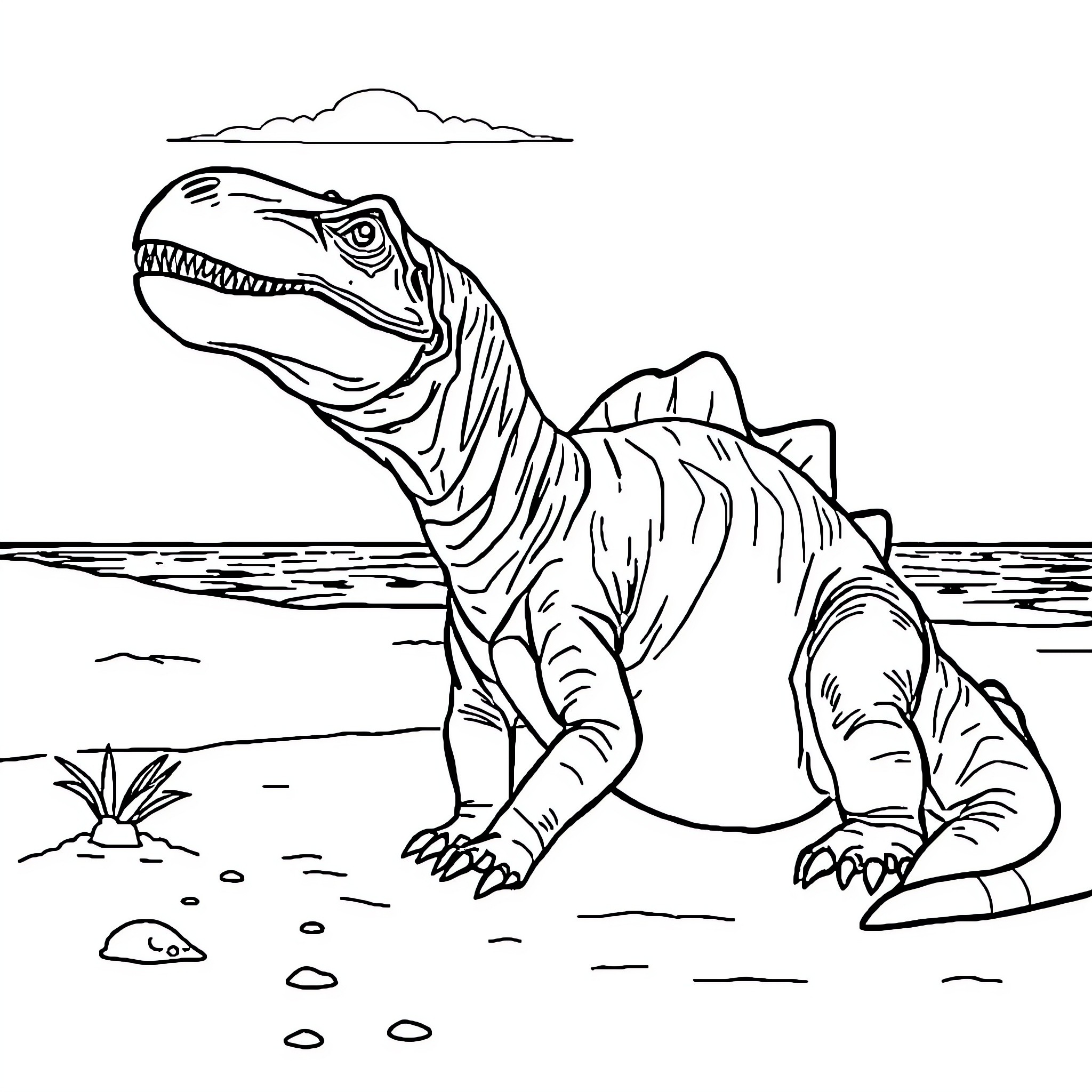 Dinosaur Stalking Prey in Prehistoric Landscape Coloring Page (free black-and-white line drawing printable PDF for all, from beginners to advanced learners, including children, teens, adults, and seniors)