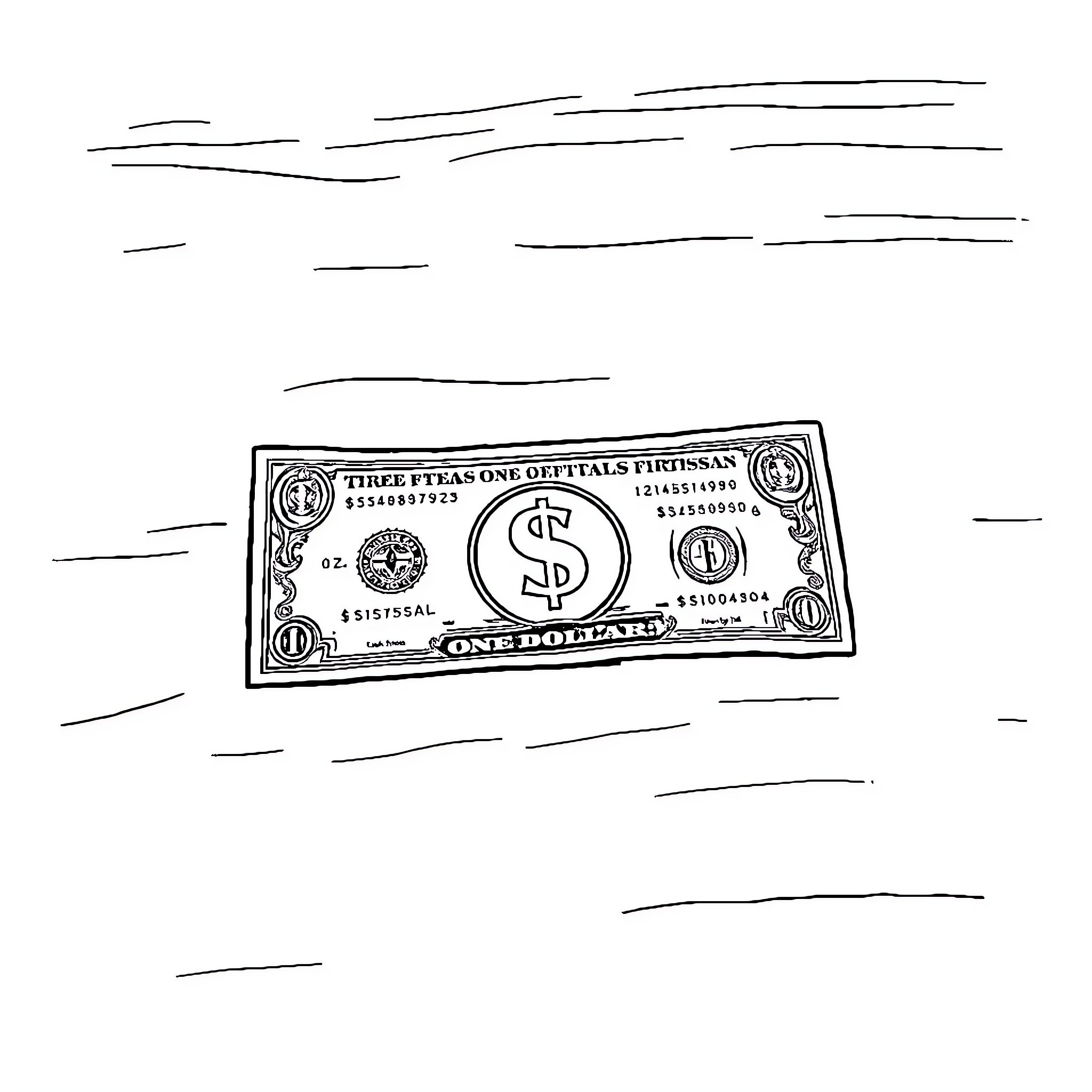 Dollar bill floating in the air Coloring Page (free black-and-white line drawing printable PDF for all, from beginners to advanced learners, including children, teens, adults, and seniors)