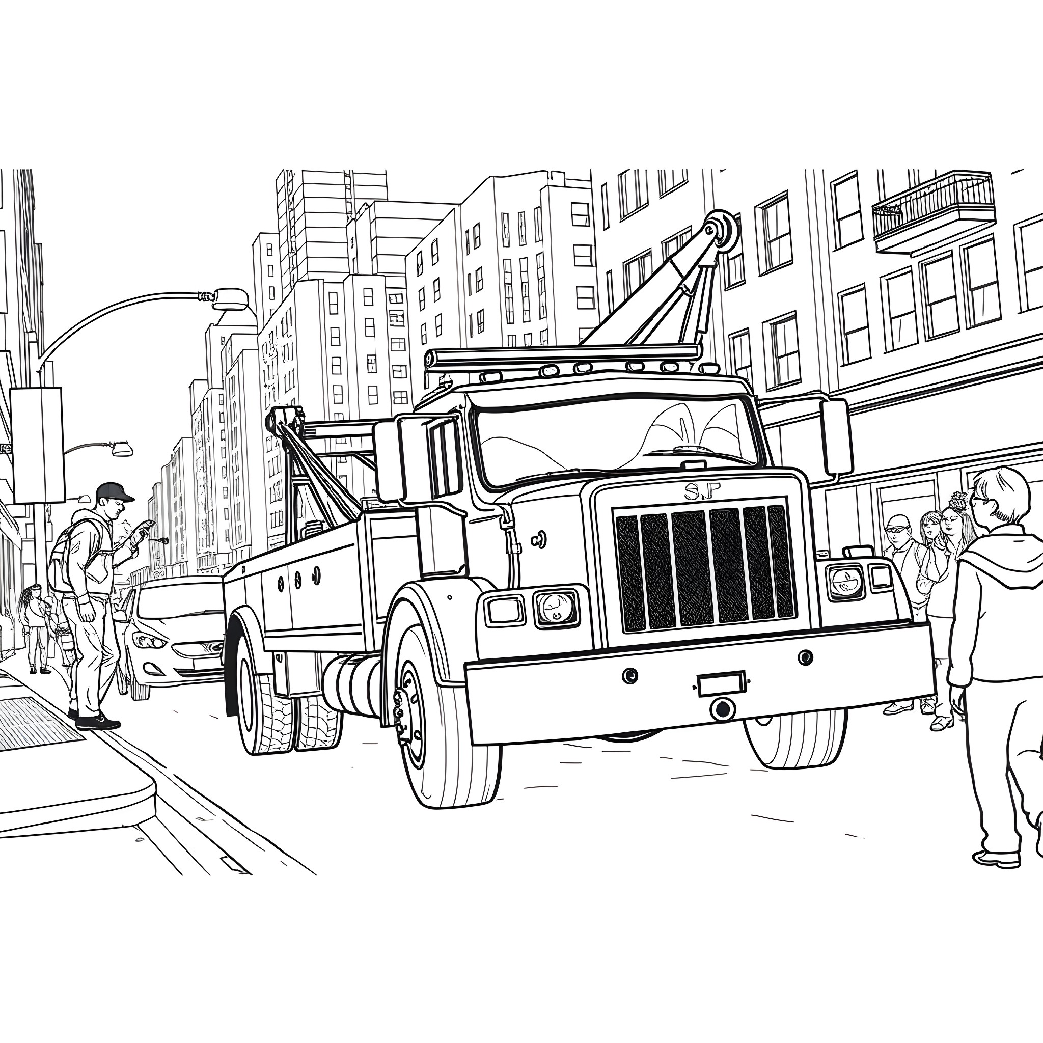 Tow Truck assisting vehicle on busy city street Coloring Page (free black-and-white line drawing printable PDF for all, from beginners to advanced learners, including children, teens, adults, and seniors)