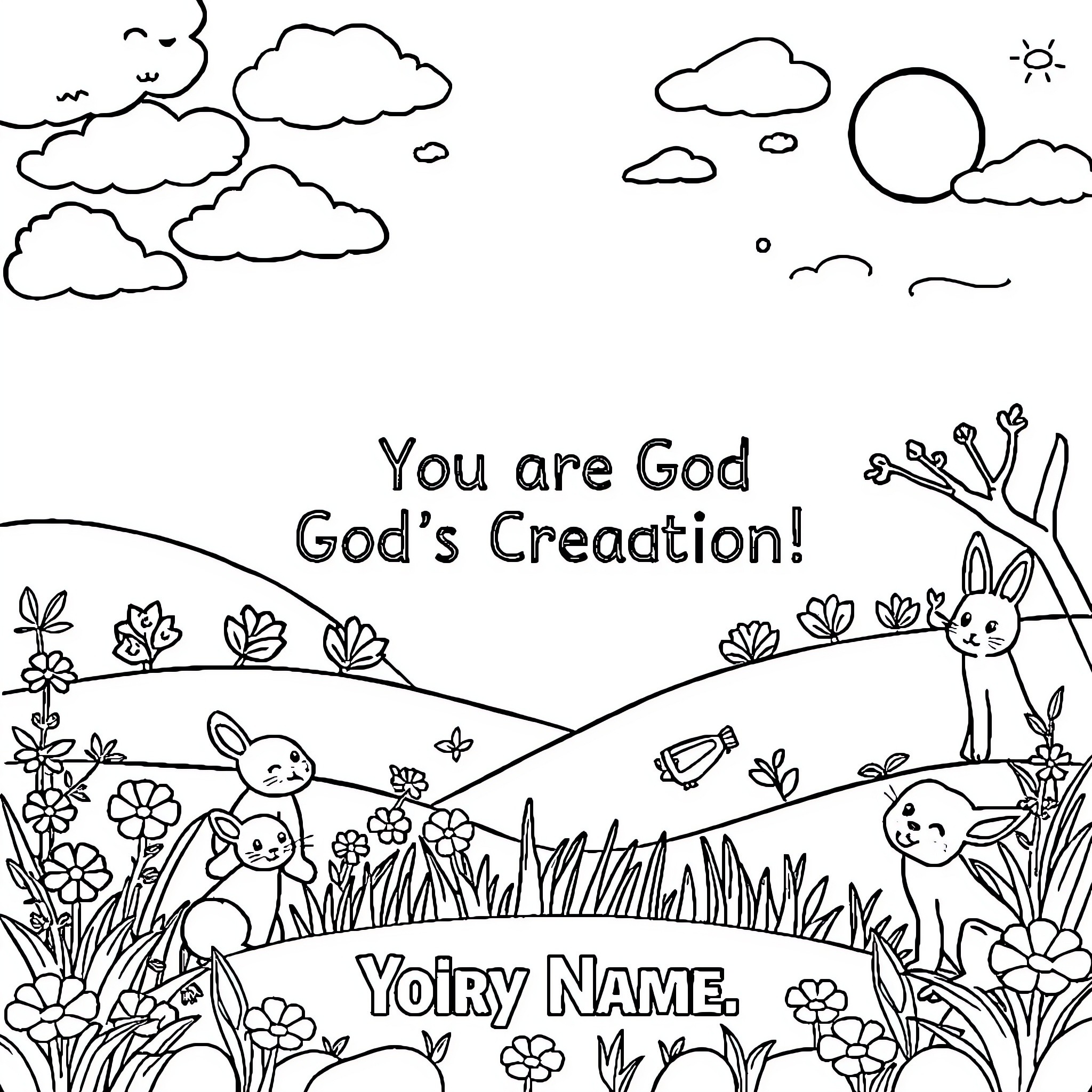 Animal figures in a field with nature elements Coloring Page (free black-and-white line drawing printable PDF for all, from beginners to advanced learners, including children, teens, adults, and seniors)