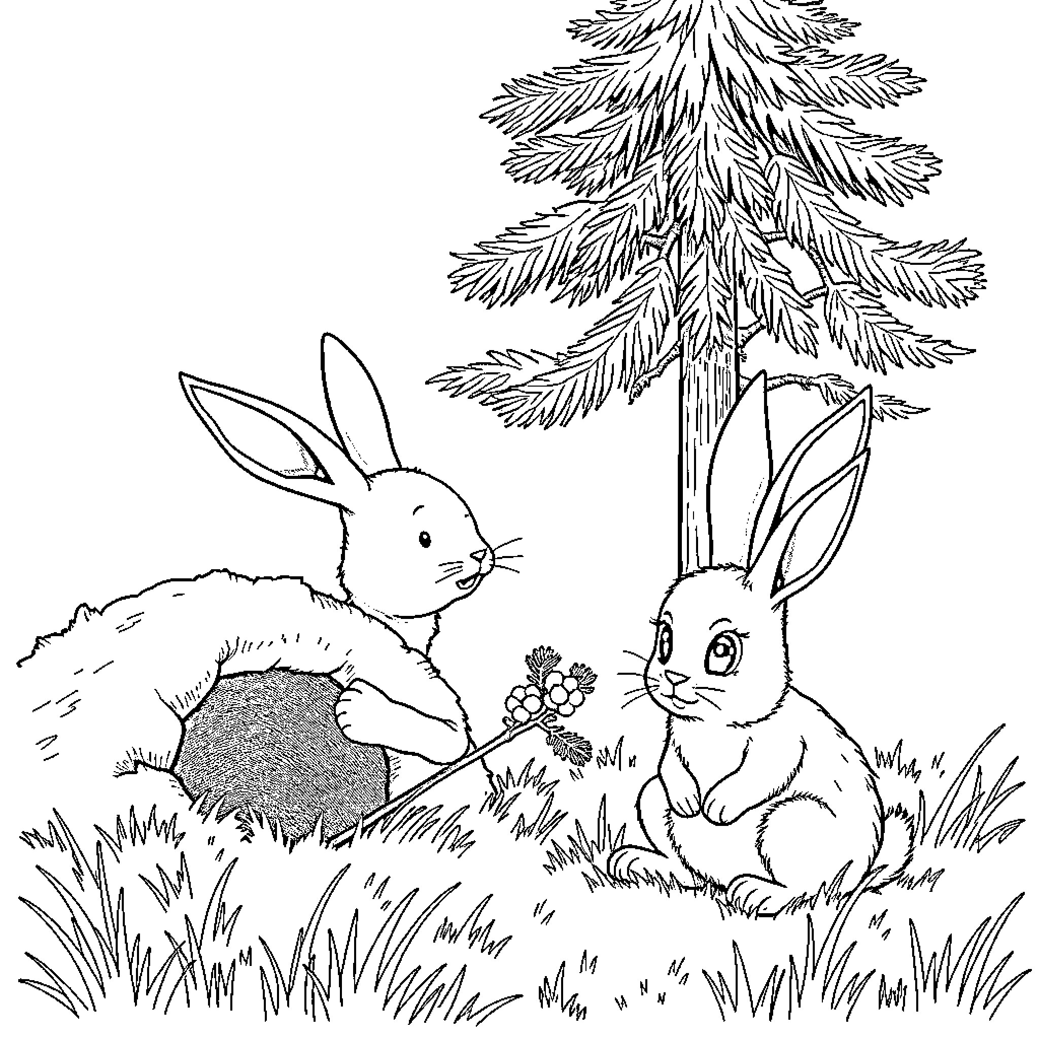 Hares resting peacefully in a lush forest Coloring Page (free black-and-white line drawing printable PDF for all, from beginners to advanced learners, including children, teens, adults, and seniors)