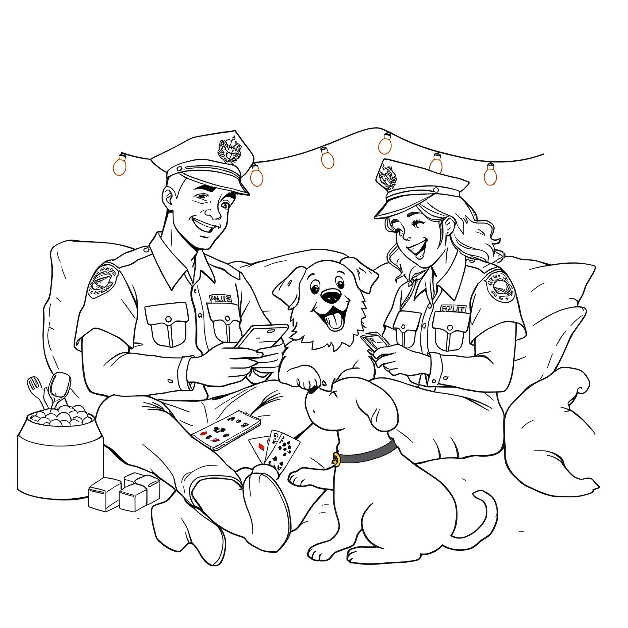 Police Officers Playing with Friendly Canine Companion Coloring Page (free black-and-white line drawing printable PDF for all, from beginners to advanced learners, including children, teens, adults, and seniors)