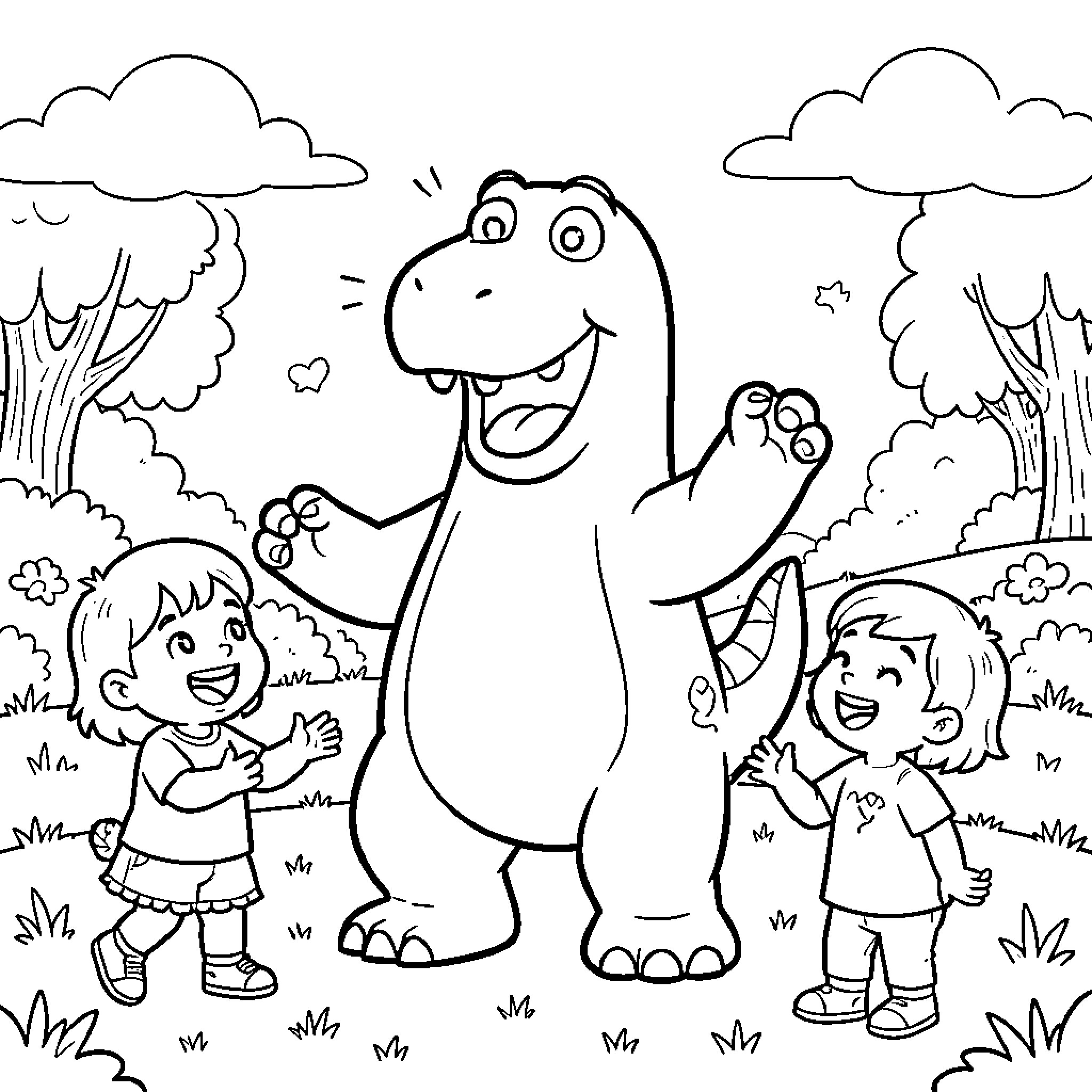 Barney laughing joyfully with two happy children Coloring Page (free black-and-white line drawing printable PDF for all, from beginners to advanced learners, including children, teens, adults, and seniors)