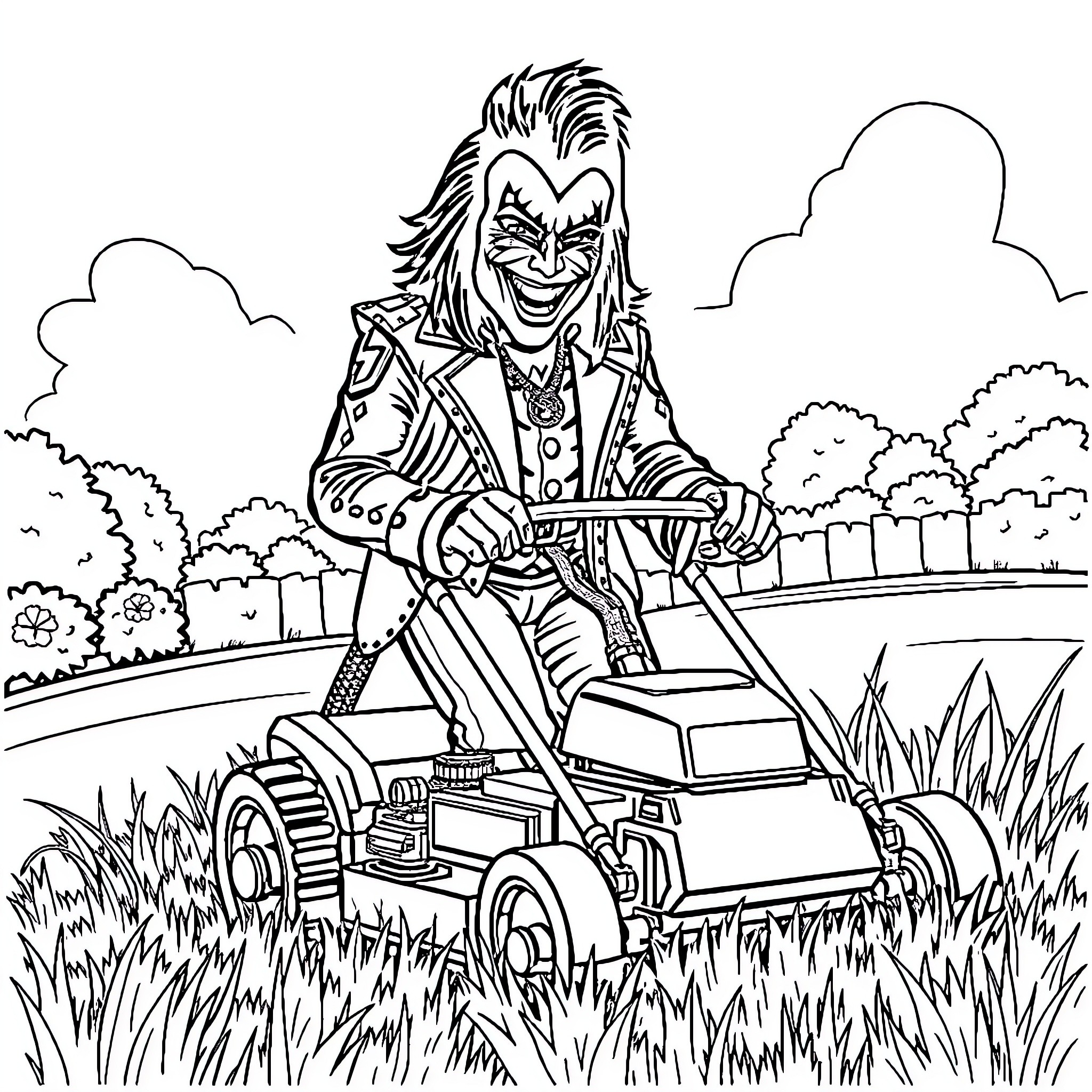 Gene Simmons mowing the lawn with an electric guitar Coloring Page (free black-and-white line drawing printable PDF for all, from beginners to advanced learners, including children, teens, adults, and seniors)