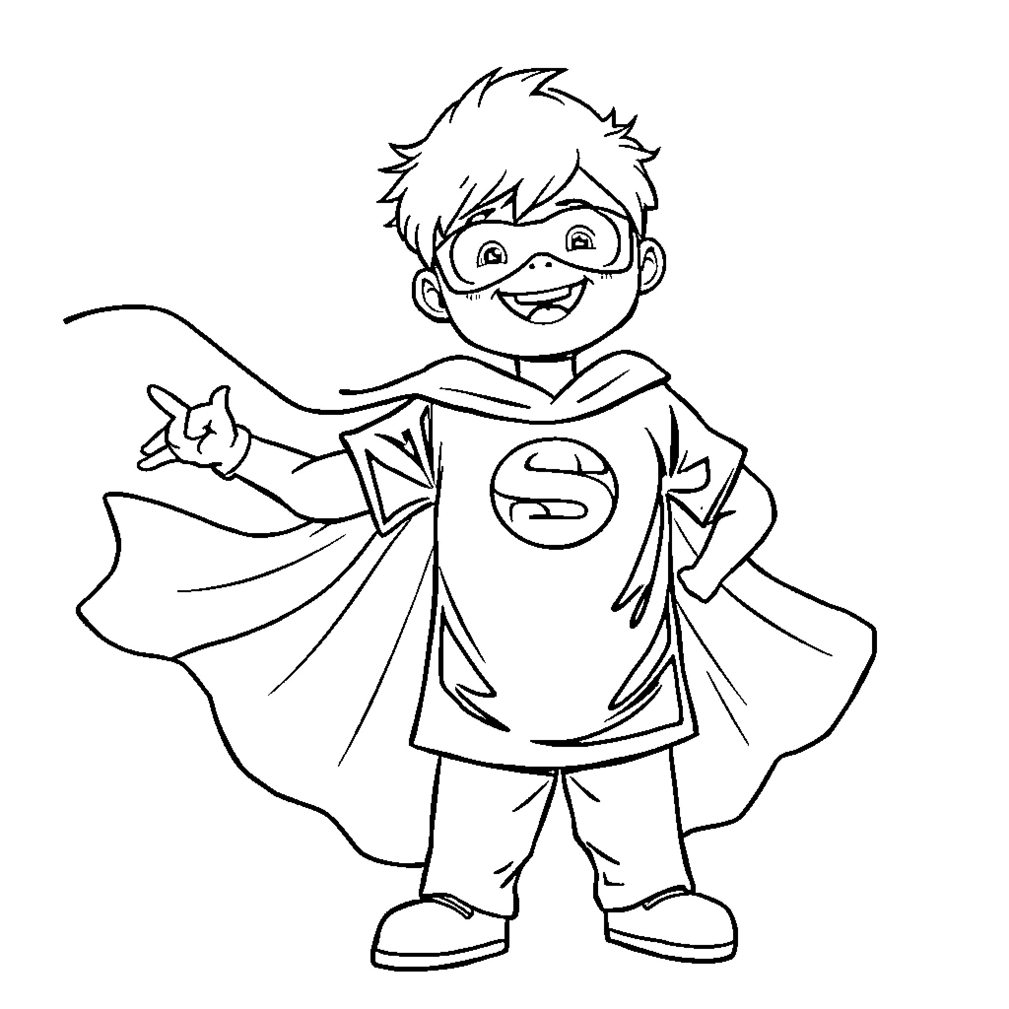 Boy dressed as superhero in costume Coloring Page (free black-and-white line drawing printable PDF for all, from beginners to advanced learners, including children, teens, adults, and seniors)