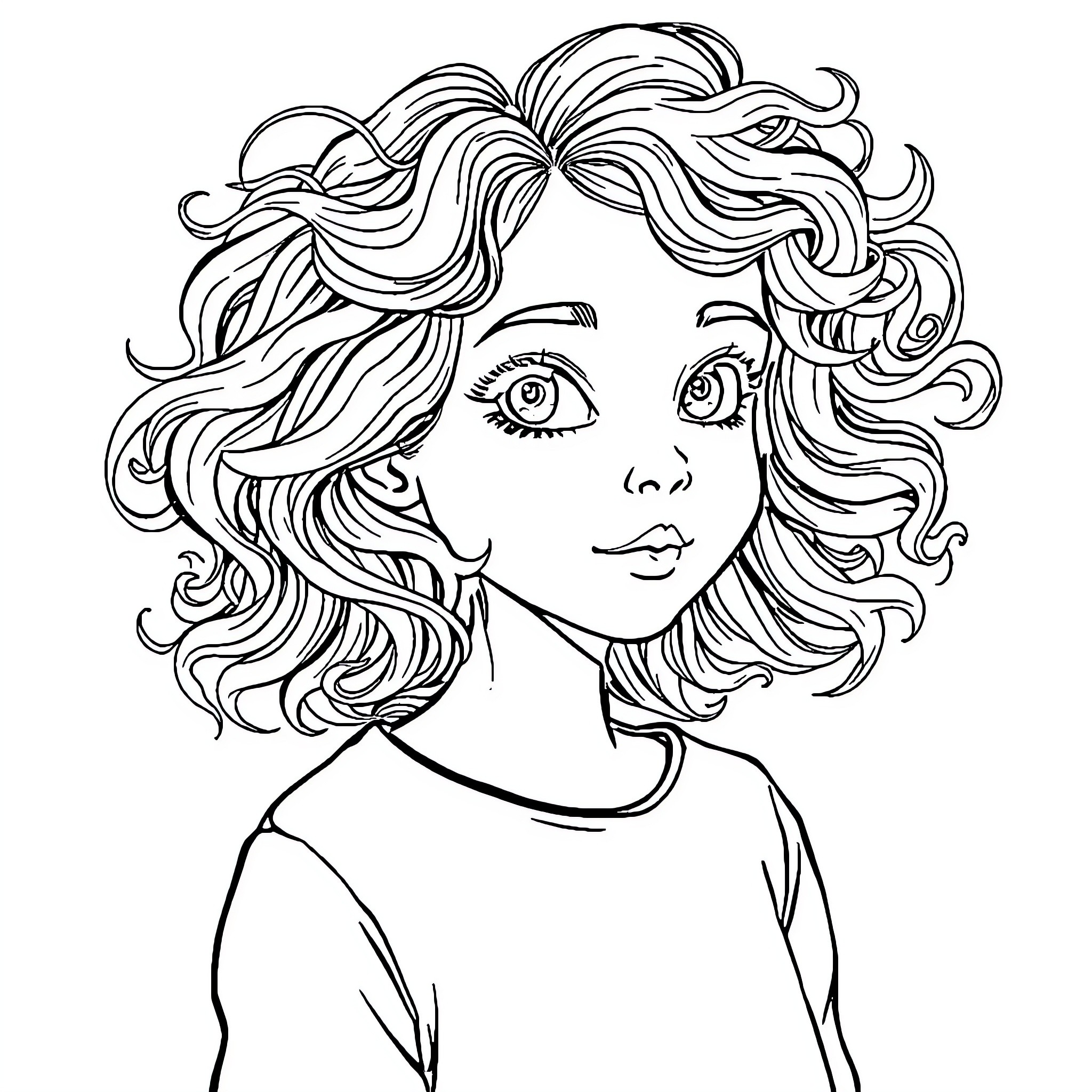 Girl with flowing curly hair Coloring Page (free black-and-white line drawing printable PDF for all, from beginners to advanced learners, including children, teens, adults, and seniors)