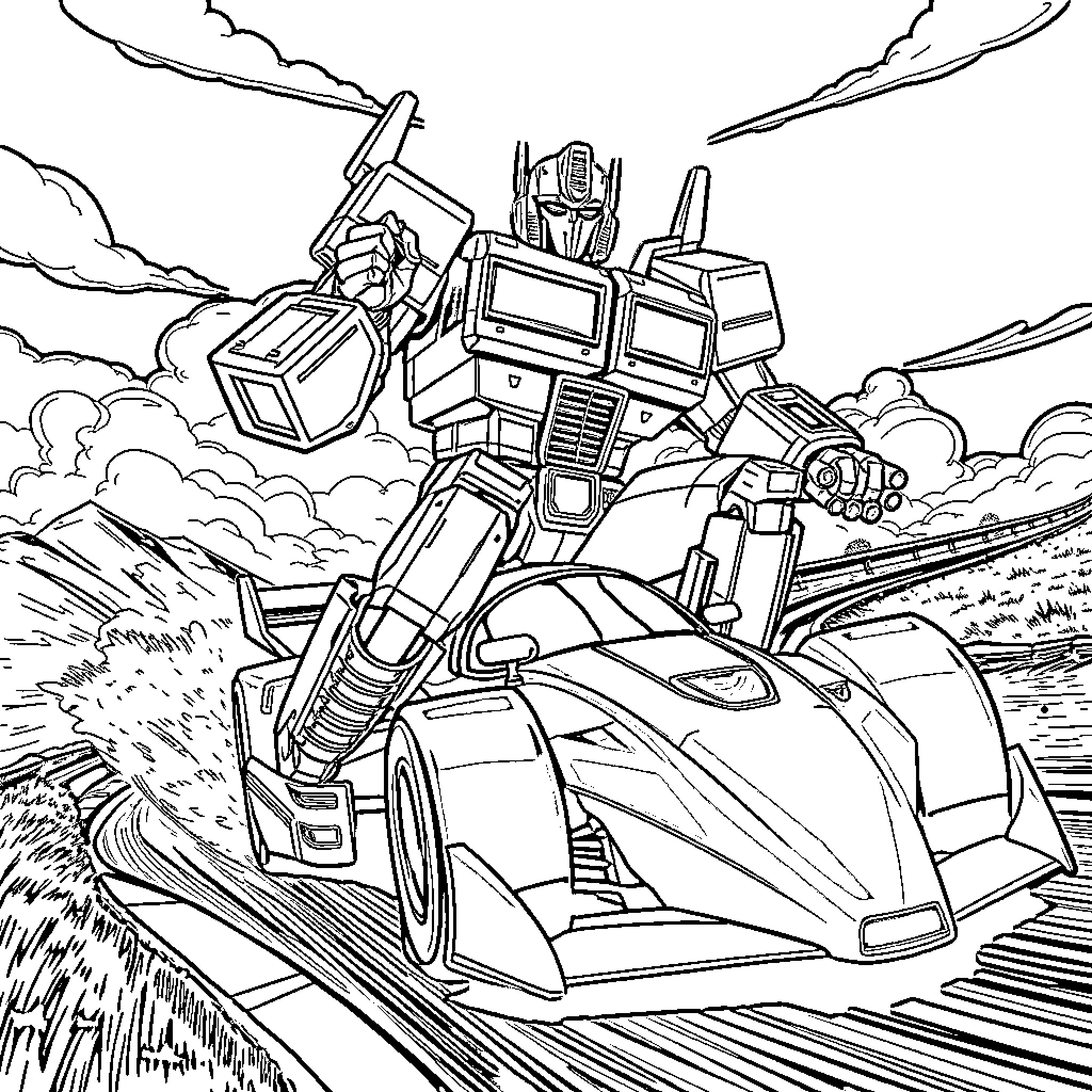 Optimus Prime transforms into heroic action pose Coloring Page (free black-and-white line drawing printable PDF for all, from beginners to advanced learners, including children, teens, adults, and seniors)