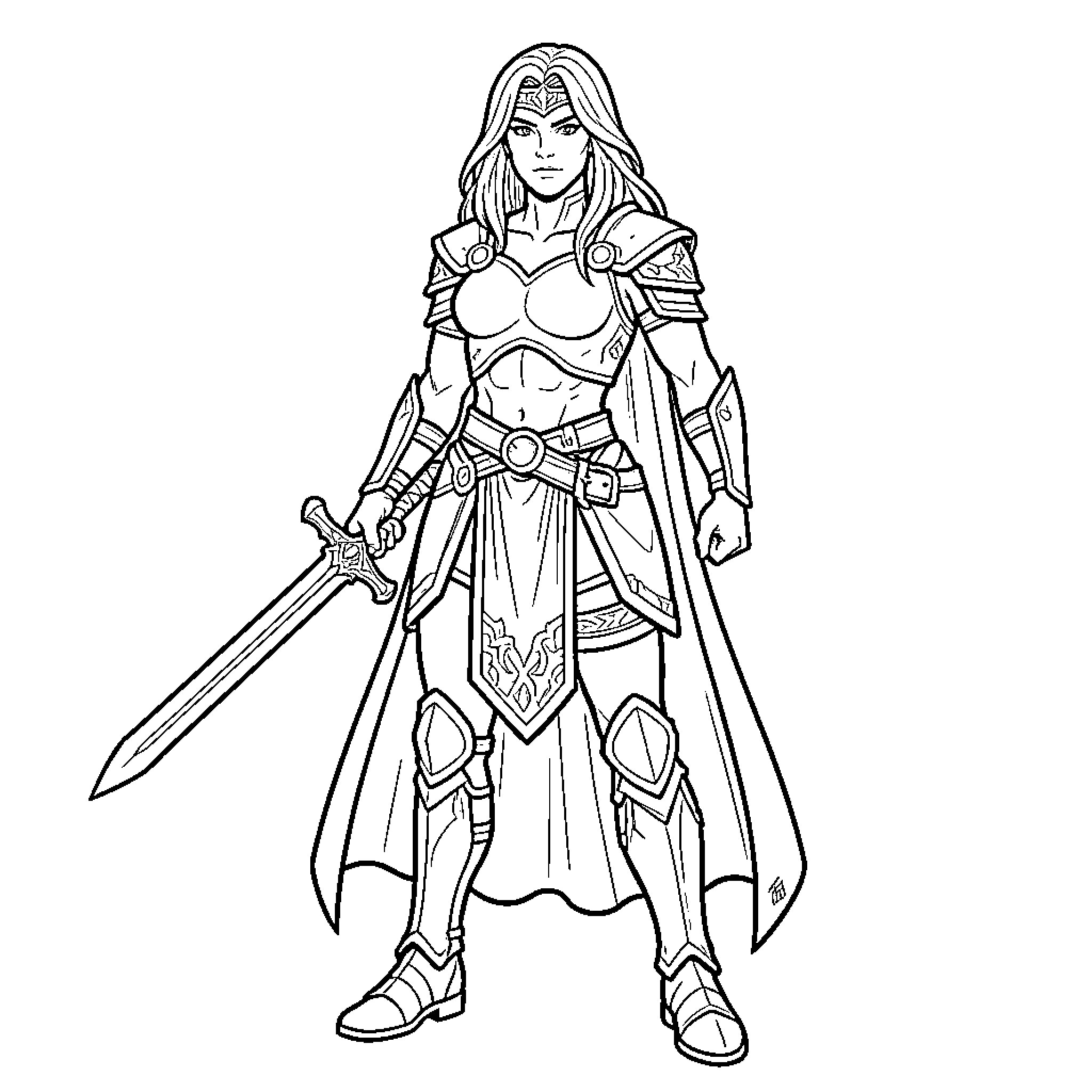 Princess standing bravely holding a large sword Coloring Page (free black-and-white line drawing printable PDF for all, from beginners to advanced learners, including children, teens, adults, and seniors)