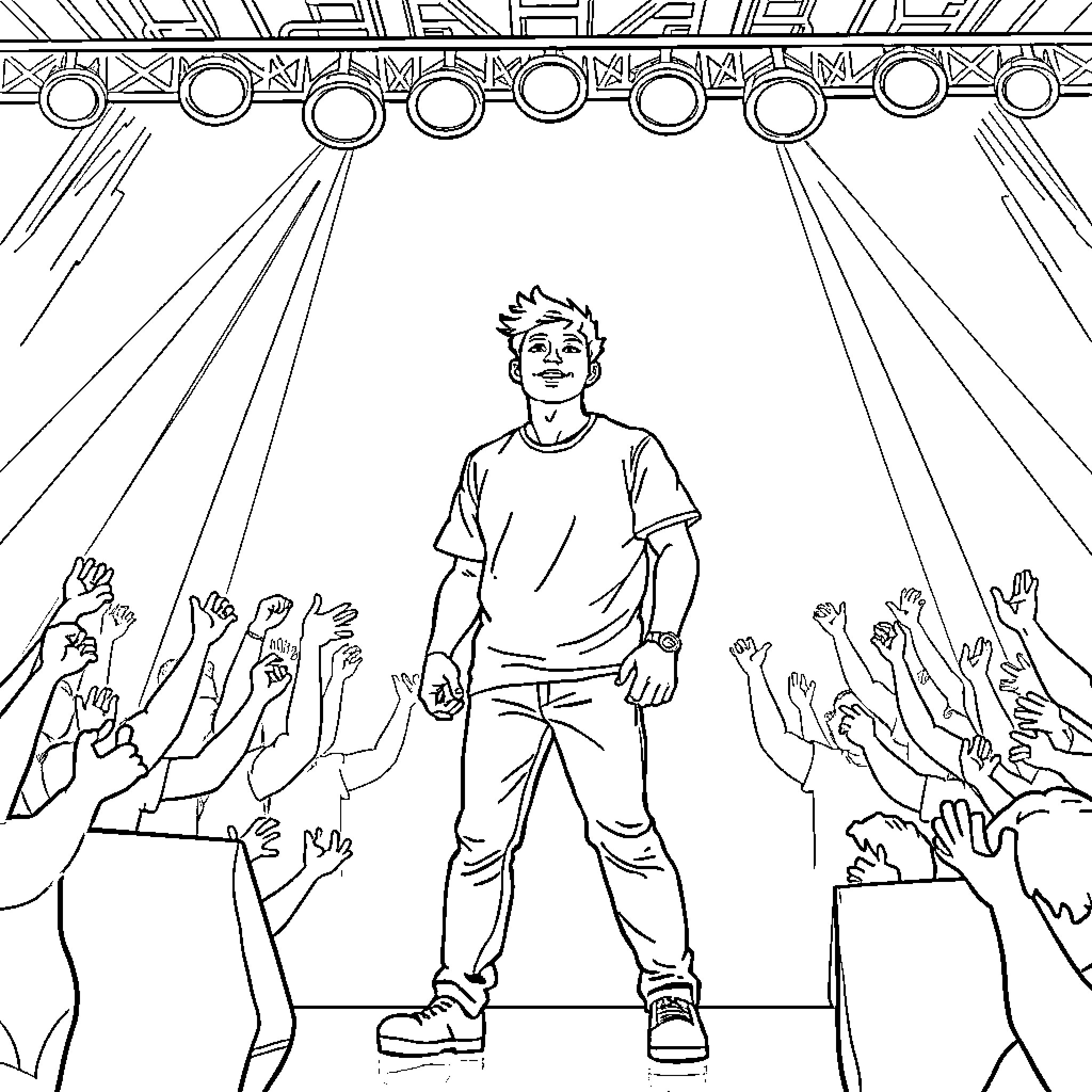 Agust D performing on stage with adoring fans Coloring Page (free black-and-white line drawing printable PDF for all, from beginners to advanced learners, including children, teens, adults, and seniors)