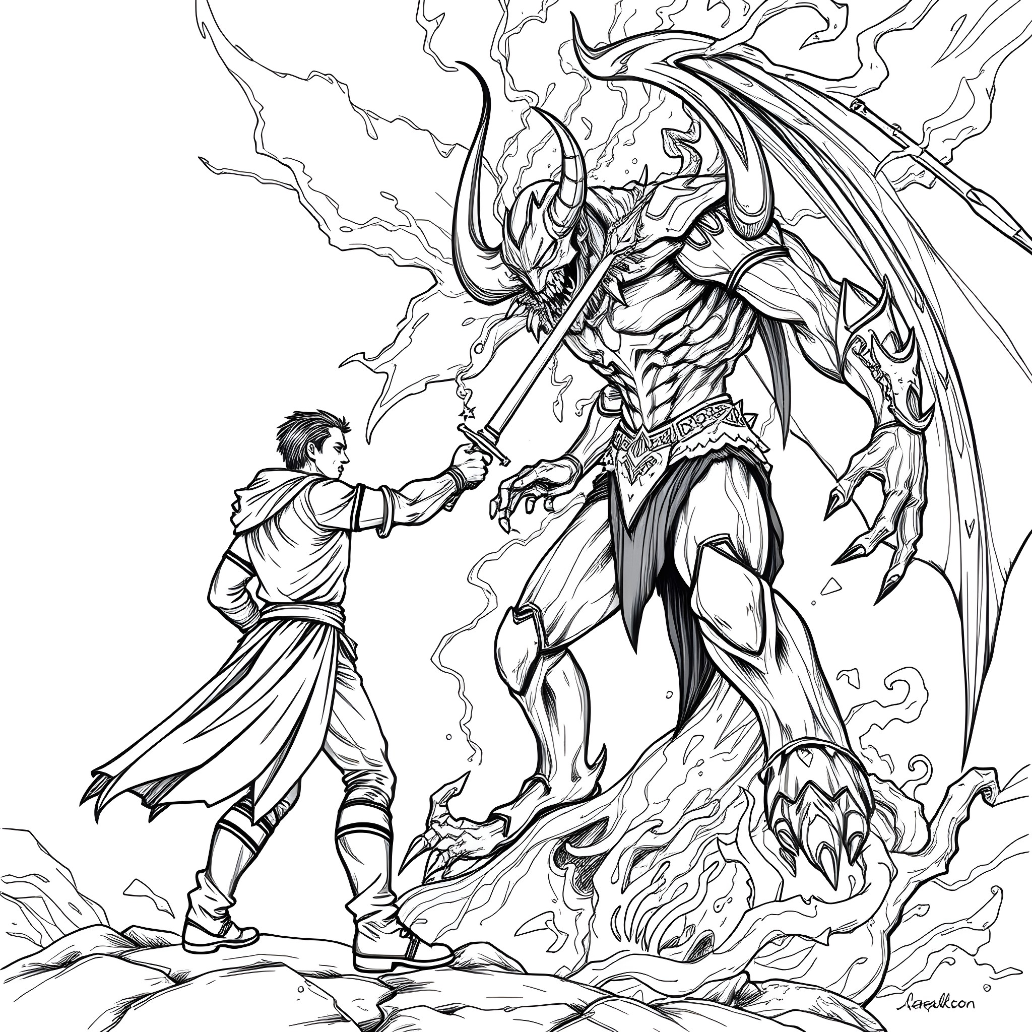 Isaac's Confrontation with the Fearsome Demon Coloring Page (free black-and-white line drawing printable PDF for all, from beginners to advanced learners, including children, teens, adults, and seniors)