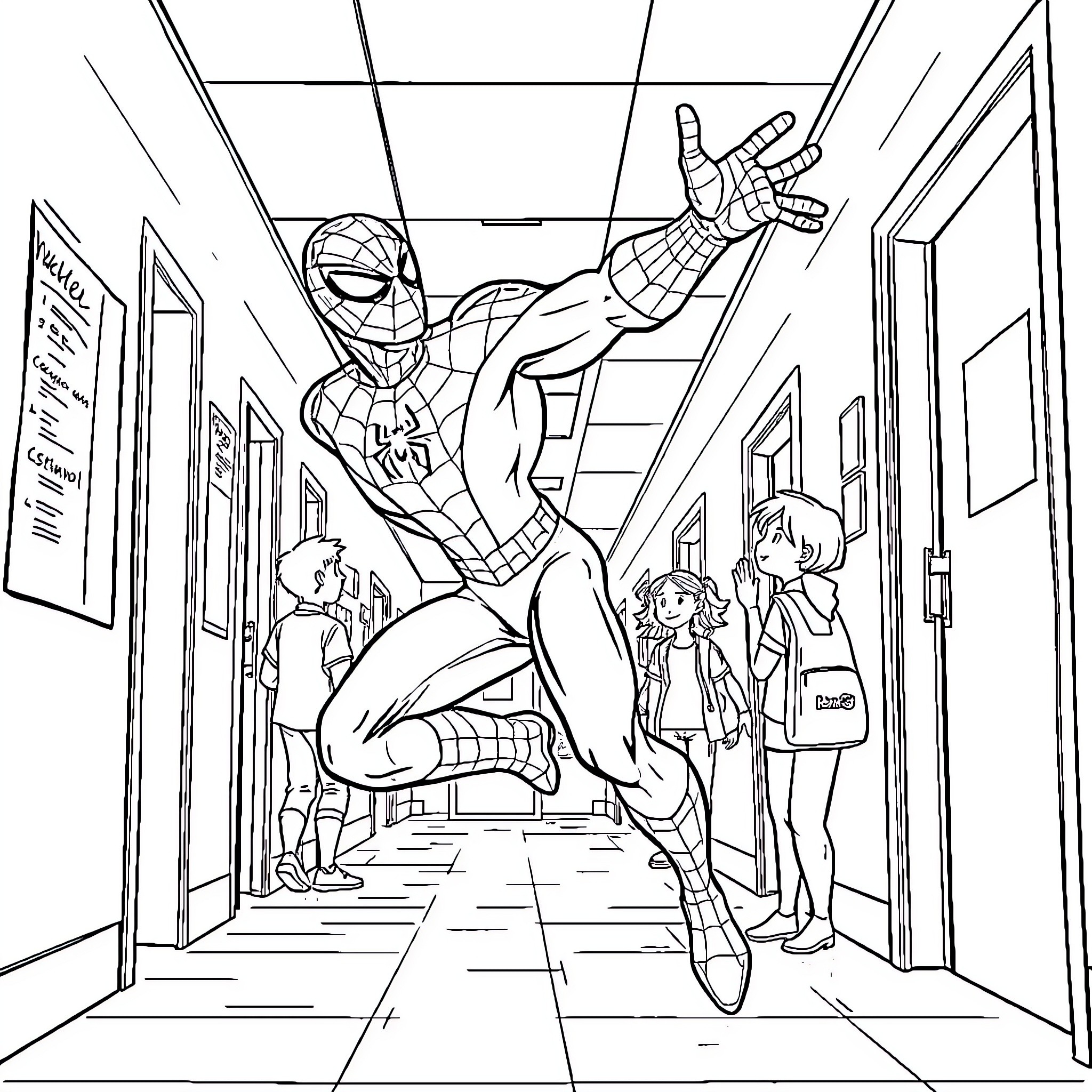 Spiderman leaping through a school hallway Coloring Page (free black-and-white line drawing printable PDF for all, from beginners to advanced learners, including children, teens, adults, and seniors)