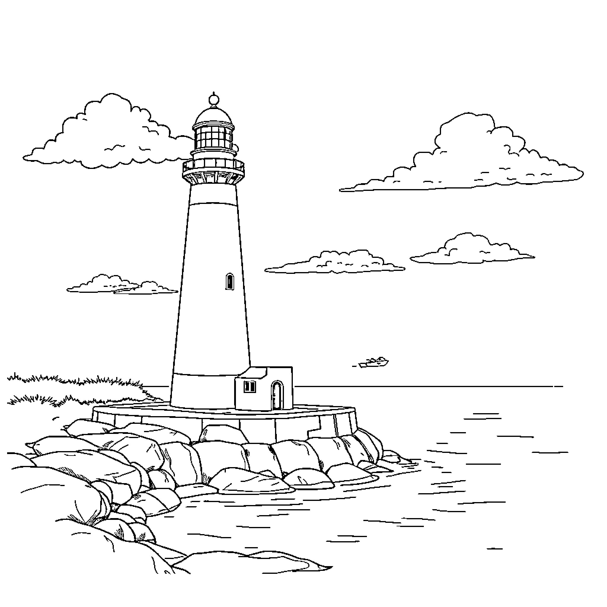 Lighthouse standing tall by the rocky coastline Coloring Page (free black-and-white line drawing printable PDF for all, from beginners to advanced learners, including children, teens, adults, and seniors)