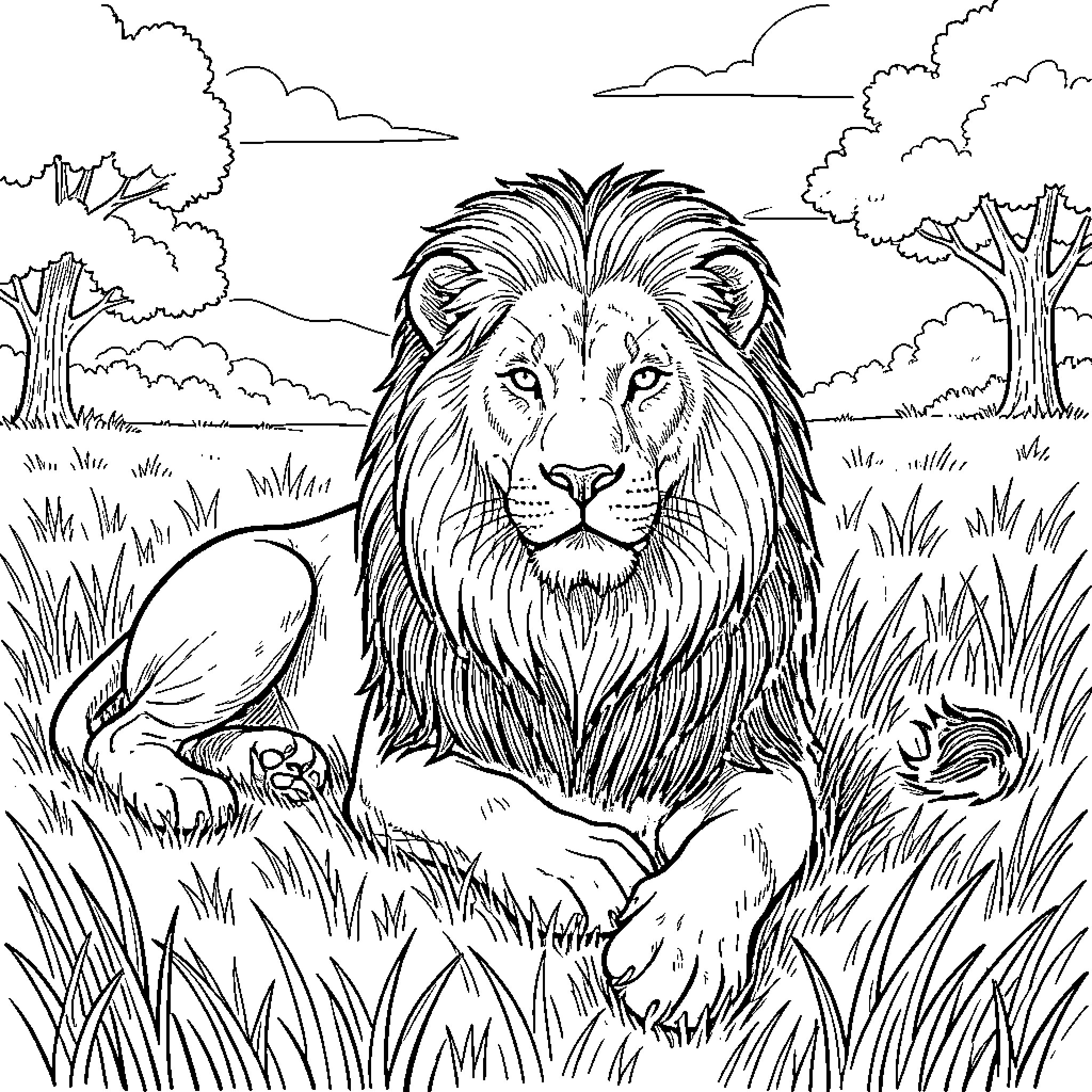 Lion resting calmly in the tall grass Coloring Page (free black-and-white line drawing printable PDF for all, from beginners to advanced learners, including children, teens, adults, and seniors)