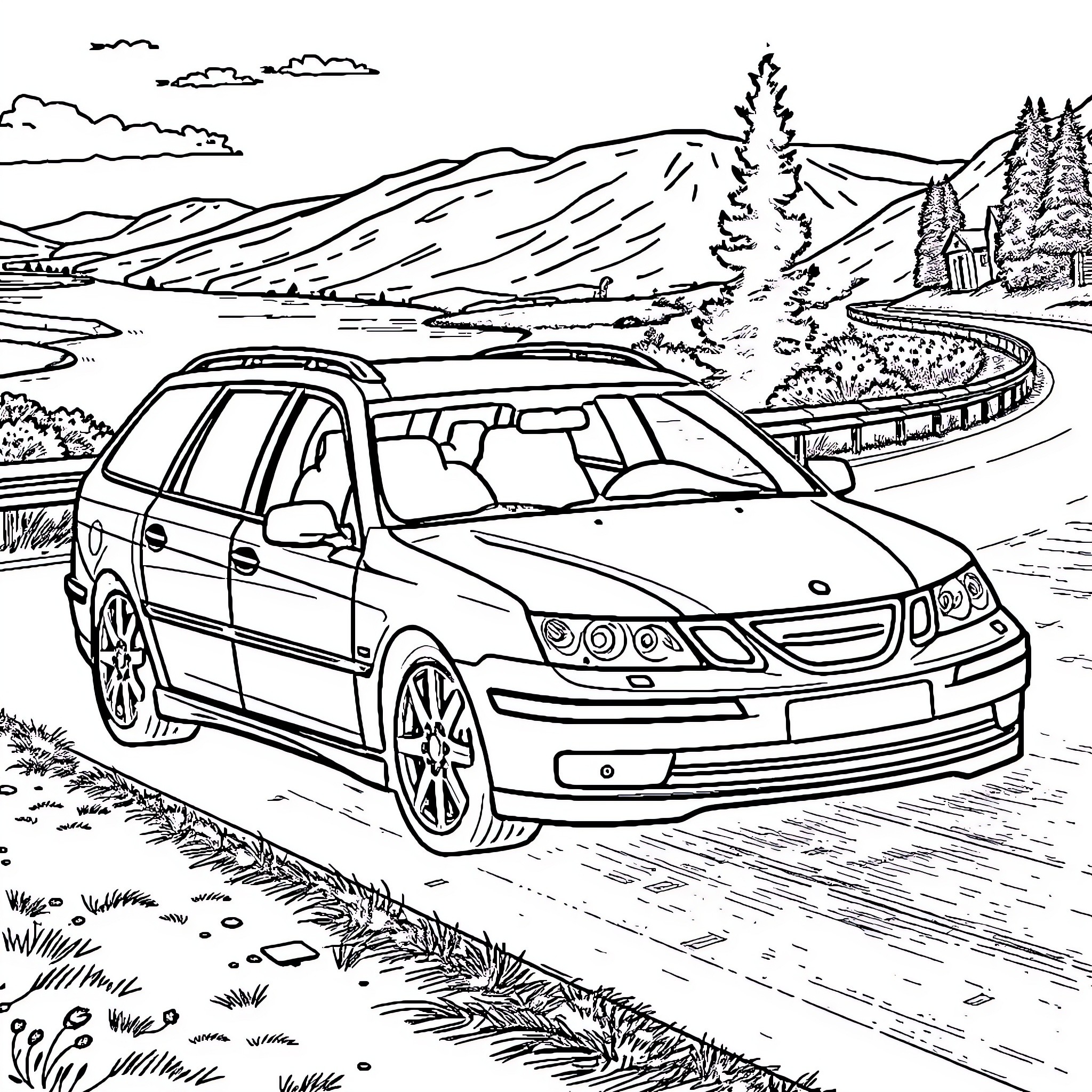 Saab 9-3 driving through scenic mountain landscape Coloring Page (free black-and-white line drawing printable PDF for all, from beginners to advanced learners, including children, teens, adults, and seniors)