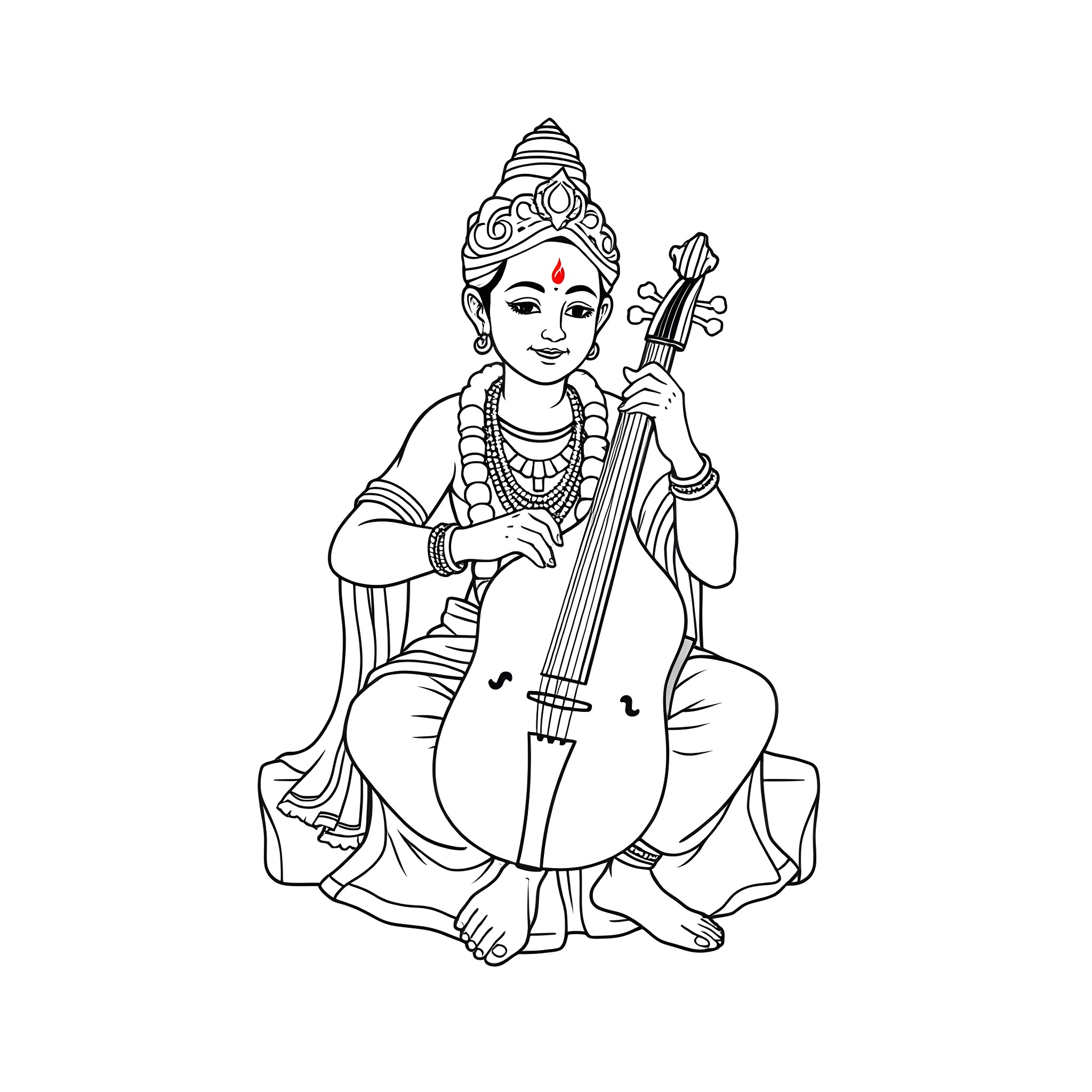 Swaminarayan deity playing a musical instrument Coloring Page (free black-and-white line drawing printable PDF for all, from beginners to advanced learners, including children, teens, adults, and seniors)