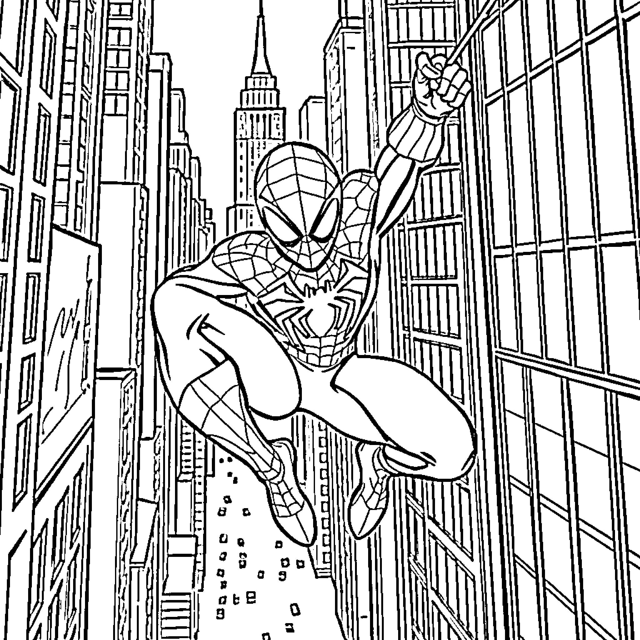 Spider-Man swinging through the city skyscrapers Coloring Page (free black-and-white line drawing printable PDF for all, from beginners to advanced learners, including children, teens, adults, and seniors)