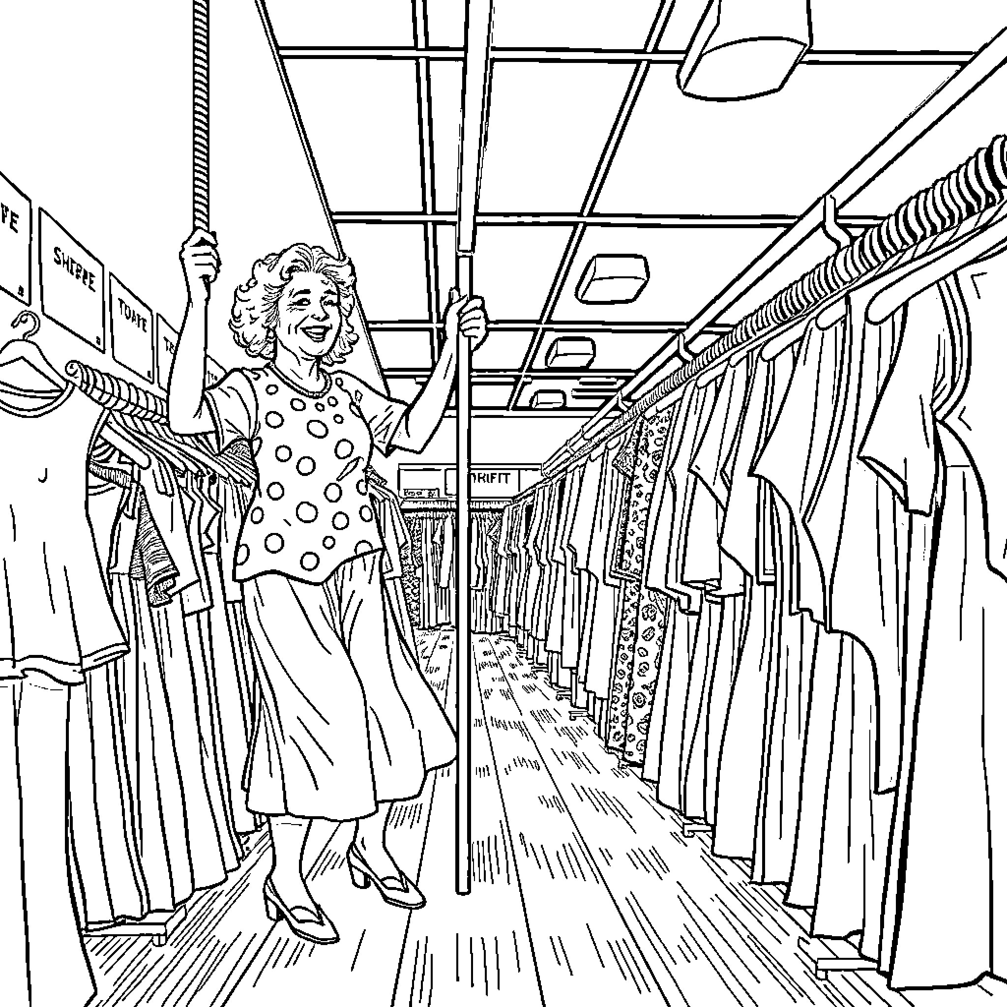 Grandma shopping joyfully in a clothing store Coloring Page (free black-and-white line drawing printable PDF for all, from beginners to advanced learners, including children, teens, adults, and seniors)