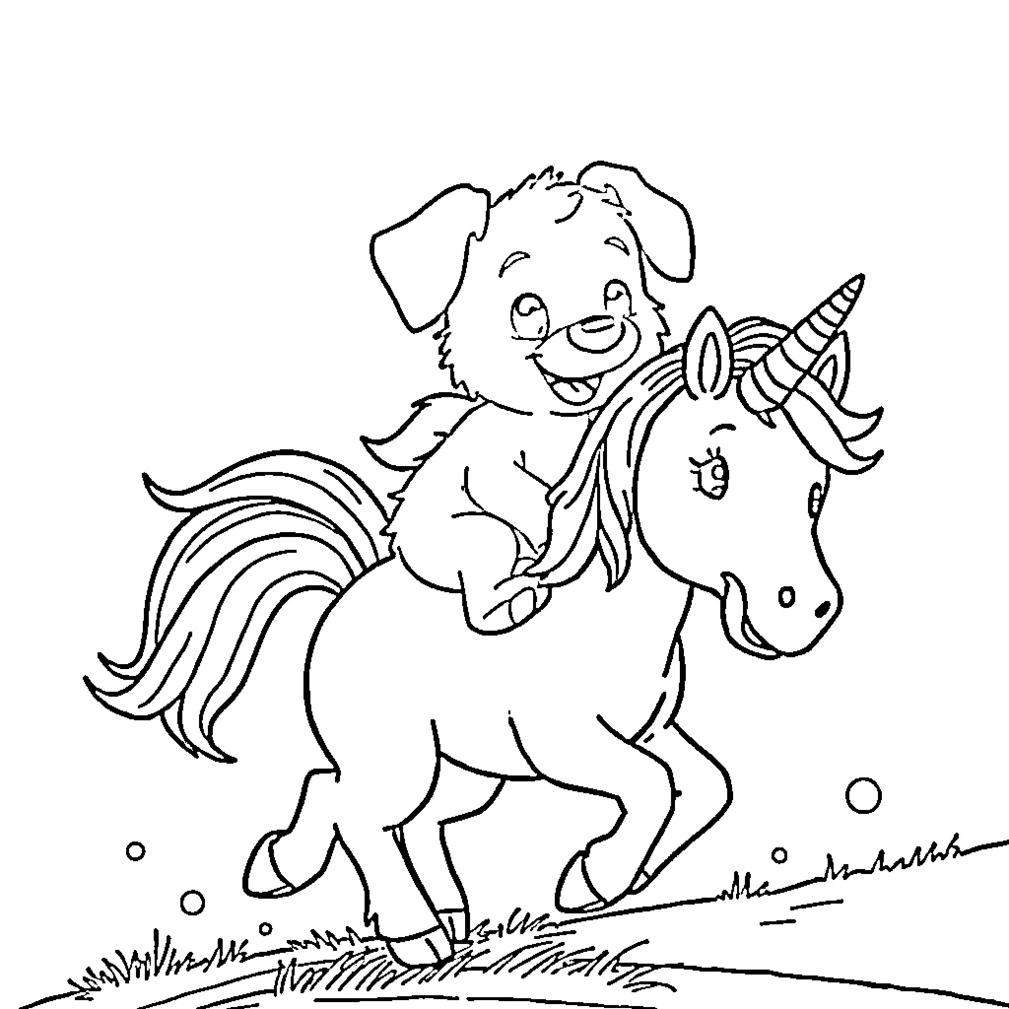 Bluey riding a magical unicorn in a whimsical scene Coloring Page (free black-and-white line drawing printable PDF for all, from beginners to advanced learners, including children, teens, adults, and seniors)