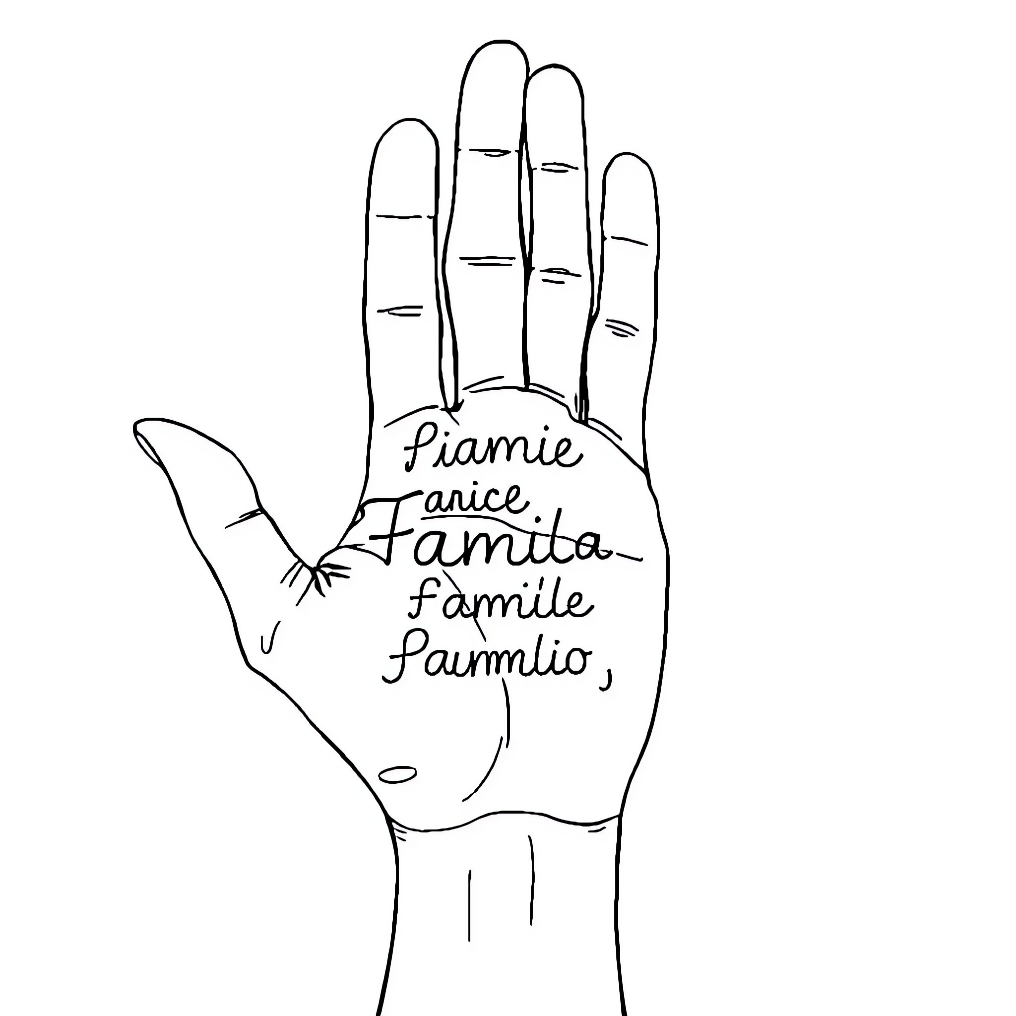 Mano with Handwritten Words on Palm Coloring Page (free black-and-white line drawing printable PDF for all, from beginners to advanced learners, including children, teens, adults, and seniors)