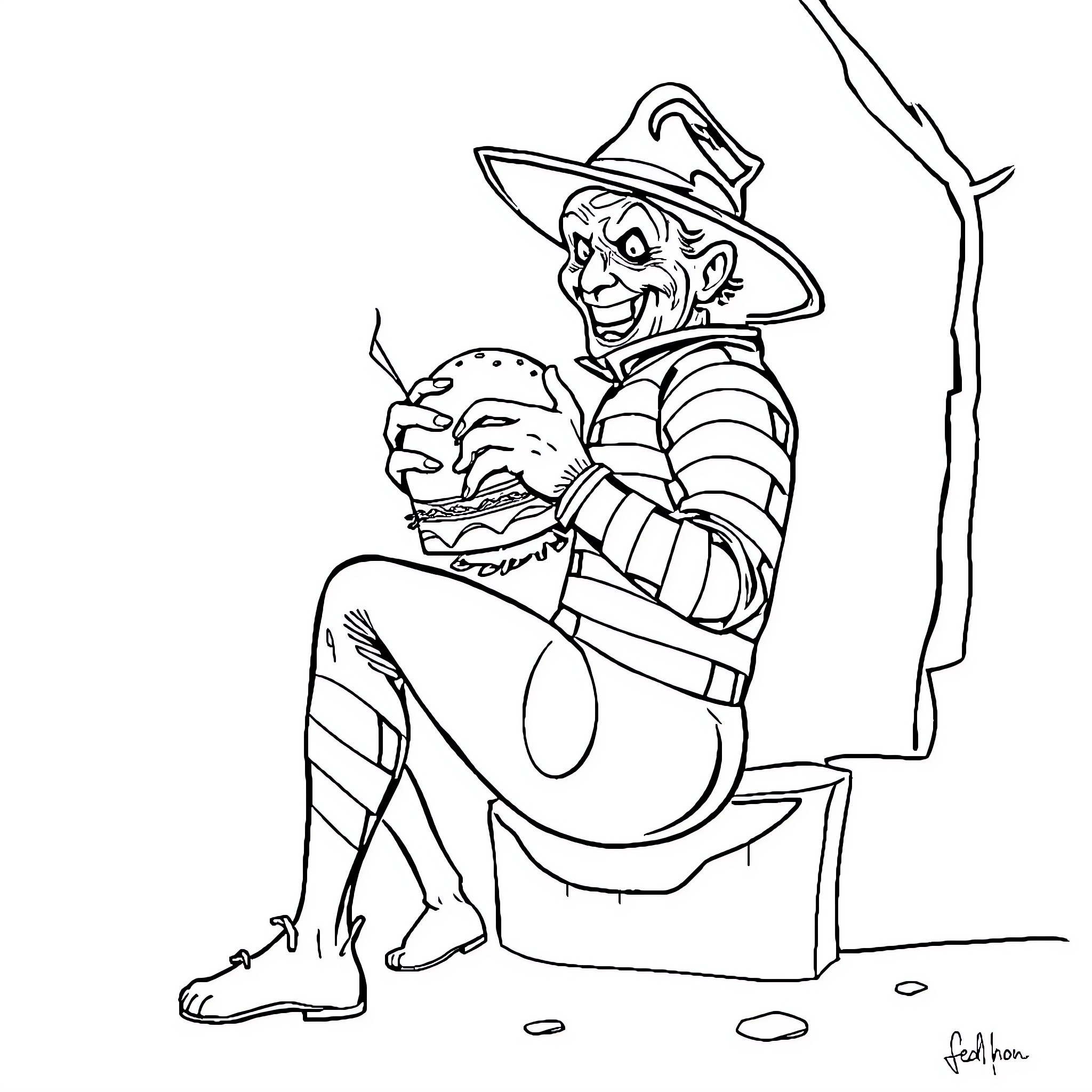 Freddy Krueger sitting on a tree stump with a sinister expression Coloring Page (free black-and-white line drawing printable PDF for all, from beginners to advanced learners, including children, teens, adults, and seniors)