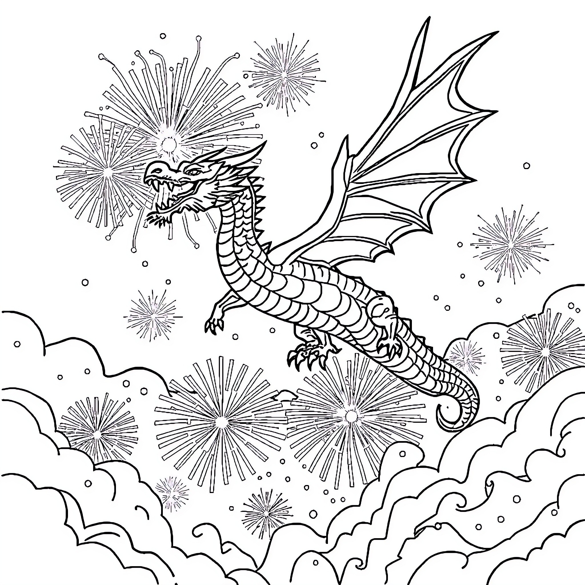 Dragon soaring amidst fireworks in the night sky Coloring Page (free black-and-white line drawing printable PDF for all, from beginners to advanced learners, including children, teens, adults, and seniors)